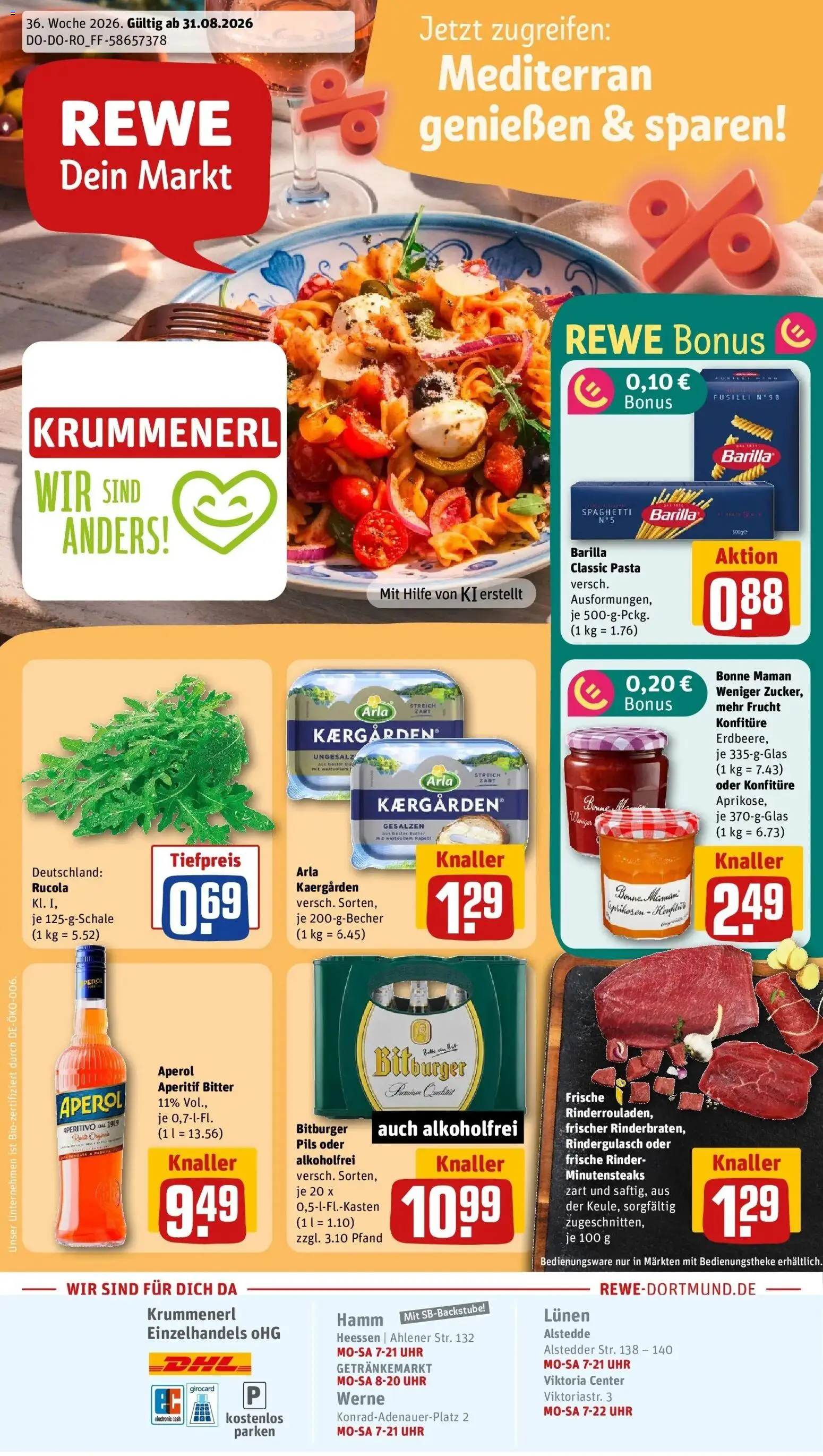 REWE Prospekt ab 31.08.2026 zum Blättern » Angebote | Seite: 1 | Produkte: Barilla, Rucola, Pils, Pasta