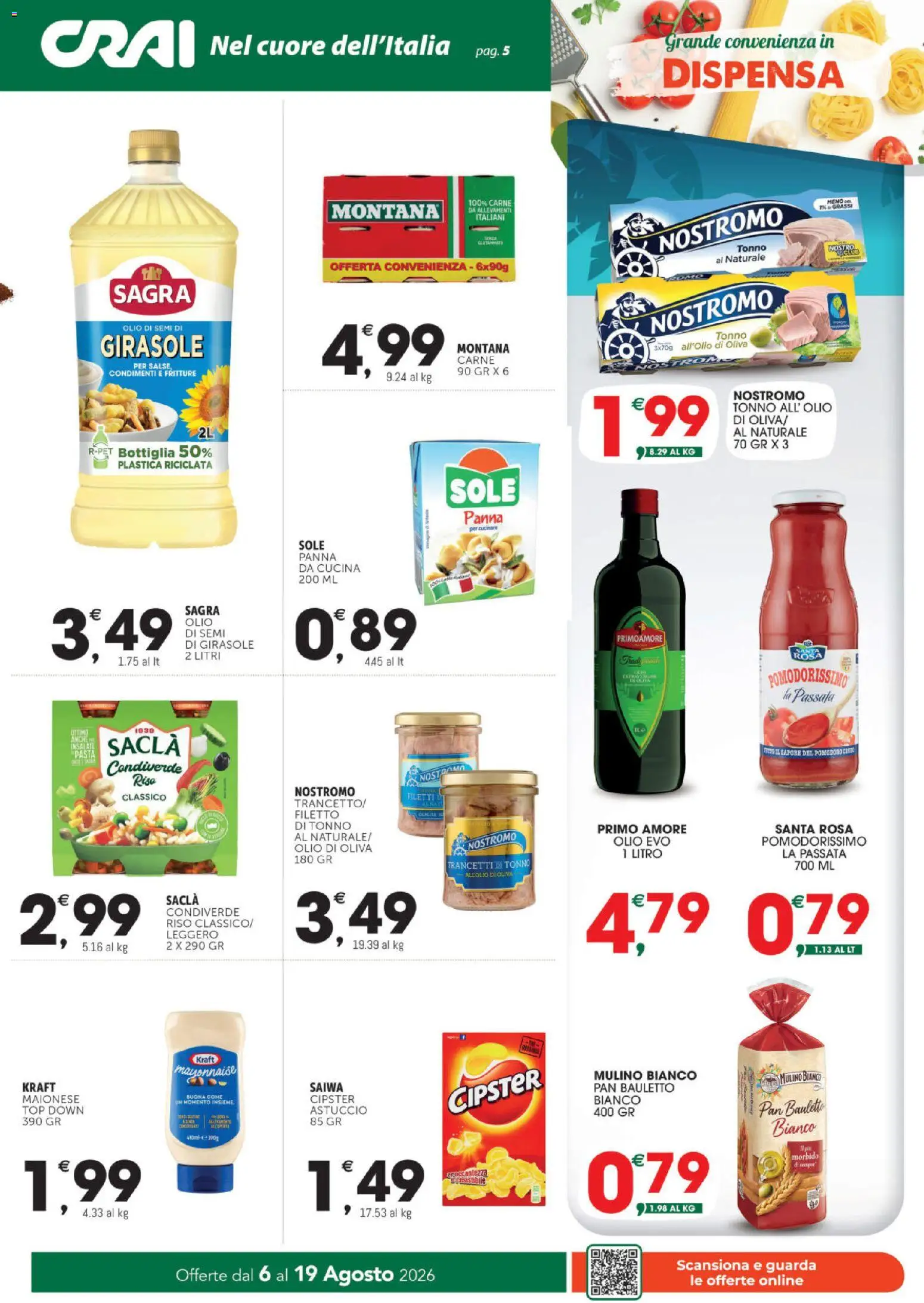 Volantino CRAI del 06/08/2026 | Pagina: 5 | Prodotti: Maionese, Olio, Pasta, Panna da cucina