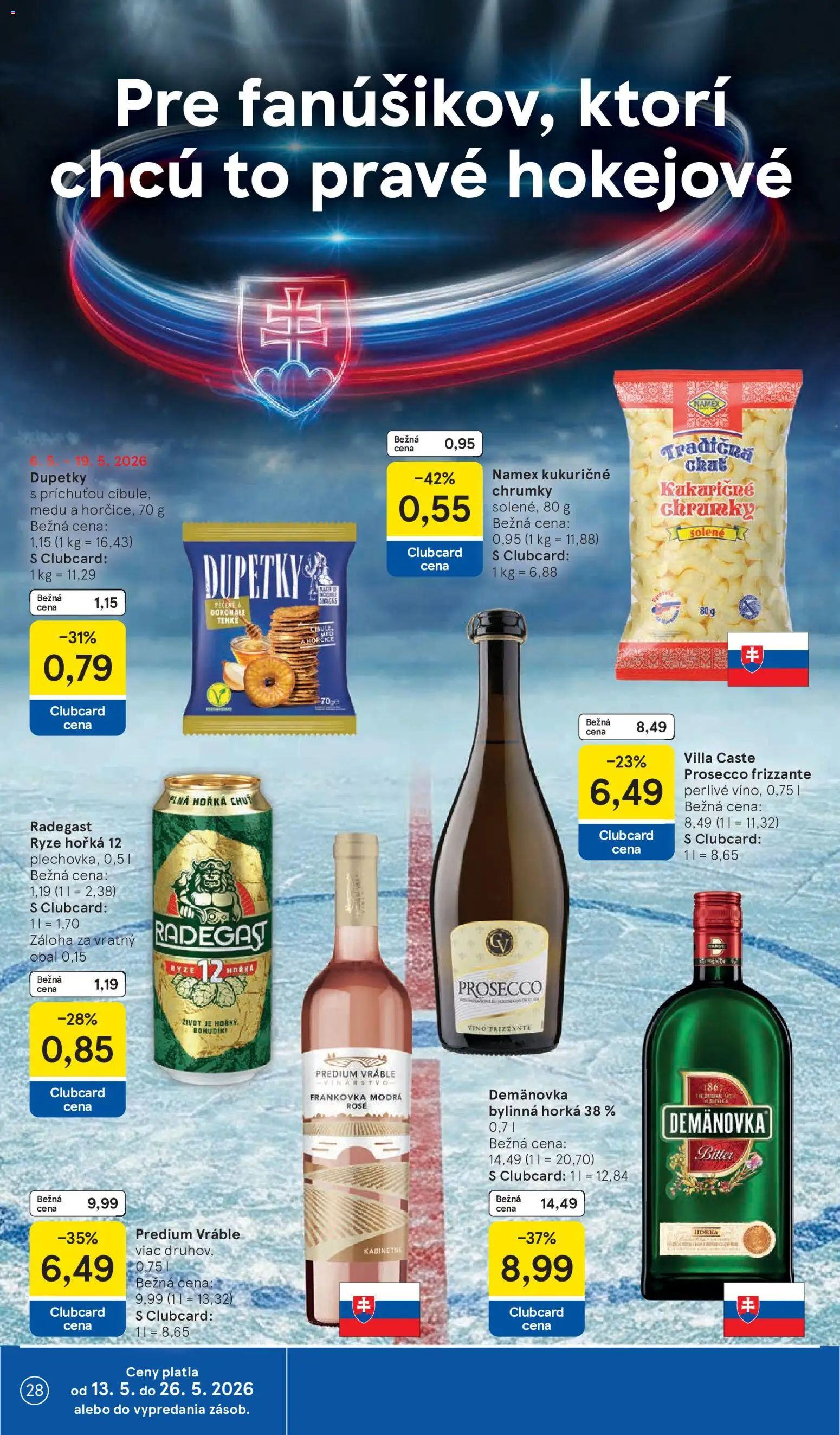 Nové Tesco akcie – leták je platný od 13.05.2026 | Strana: 28 | Produkty: Víno, Prosecco, Radegast, Med
