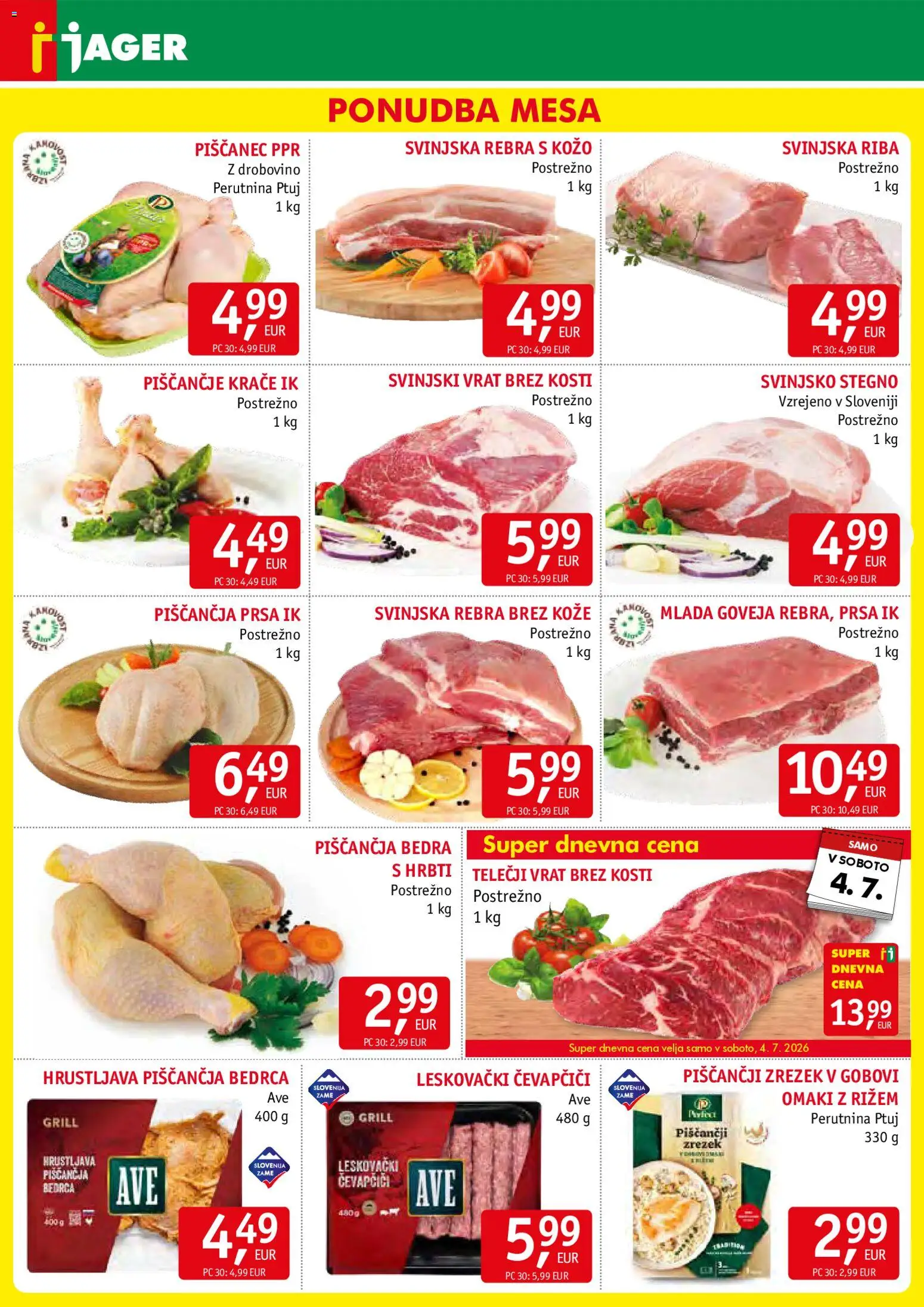 Novi Jager katalog ponudbe – veljaven od 01.07.2026 | Stran: 3 | Izdelki: Čevapčiči, Piščančja bedra, Riba, Grill
