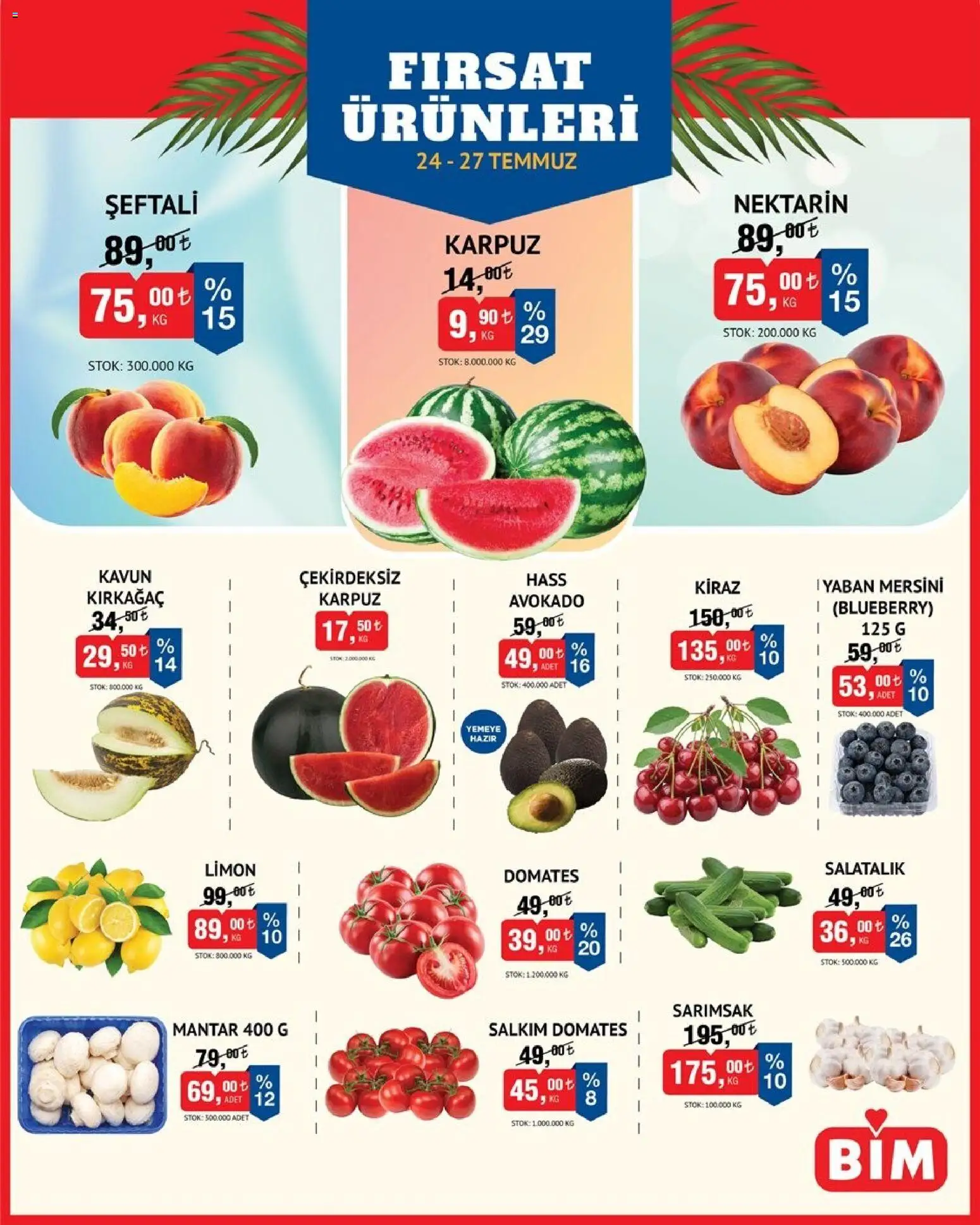 BİM - Meyve Sebze, İndirim - 24 Temmuz 2026 tarihinden itibaren geçerlidir | Sayfa: 1 | Ürünler: Avokado, Limon, Yaban mersini, Mantar