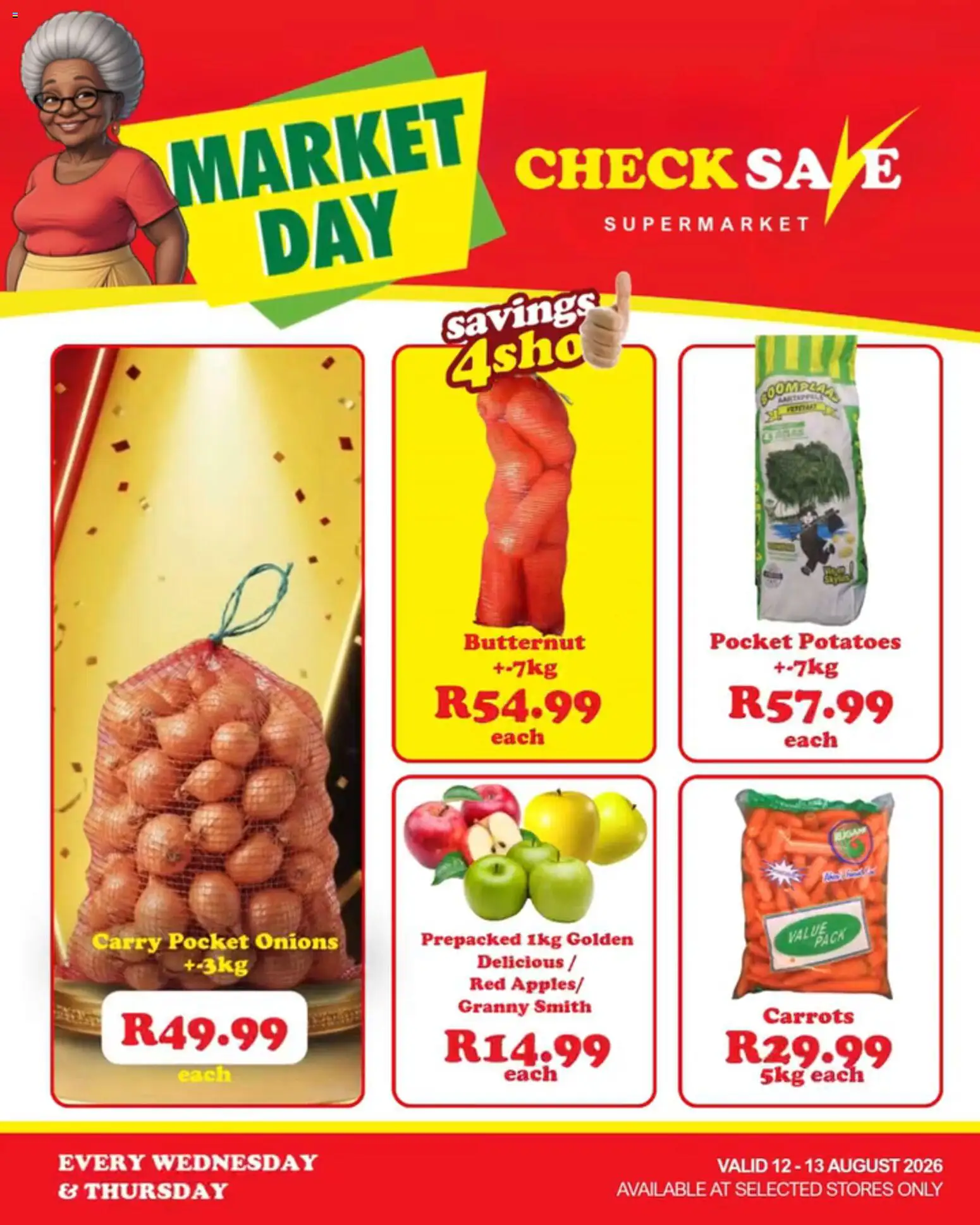 New Check Save catalogue – valid from 12/08/2026 | Page: 1 | Products: Carrots, Potatoes, Onions
