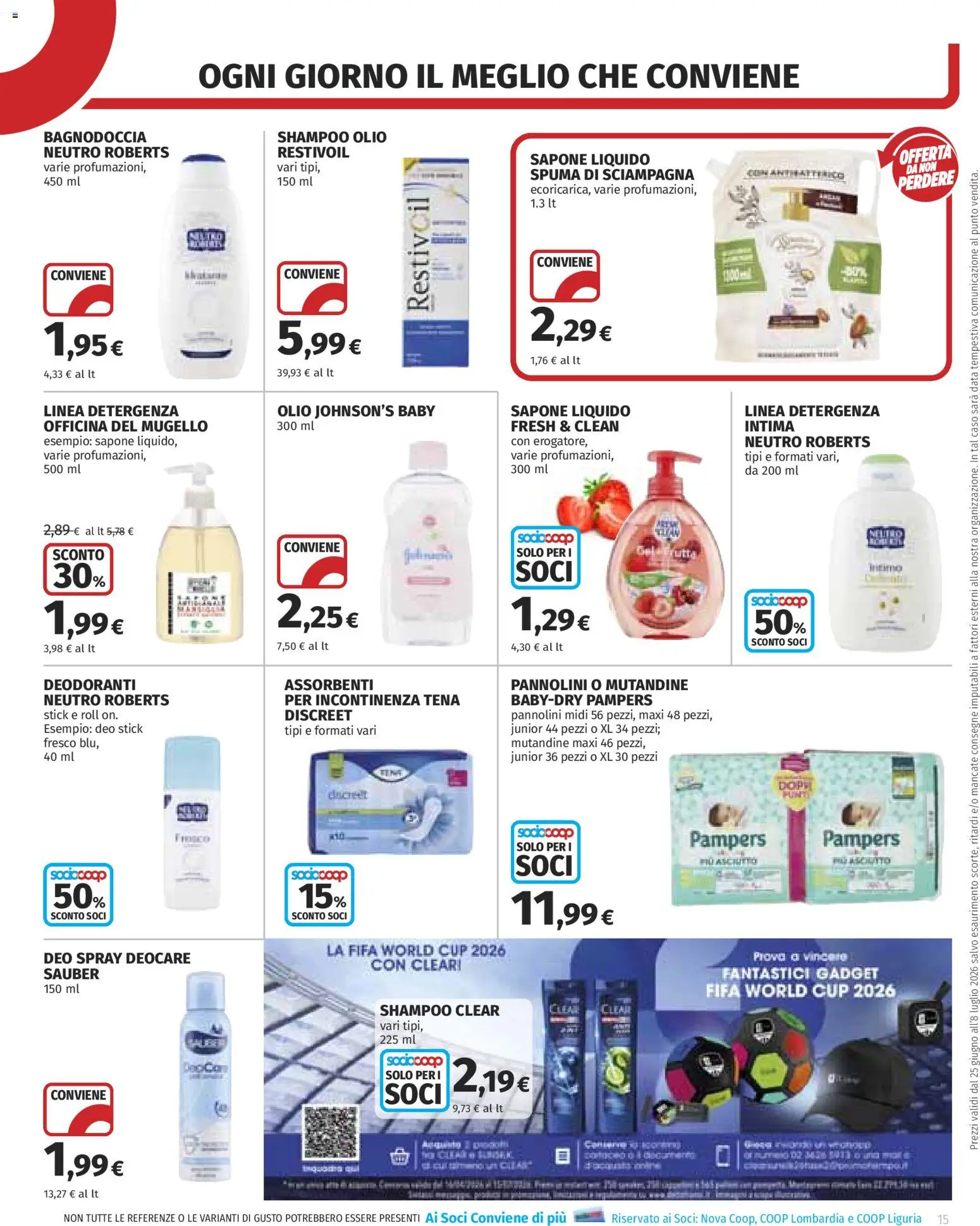 Volantino COOP del 25/06/2026 | Pagina: 15 | Prodotti: Shampoo, Pannolini, Sapone, Pampers