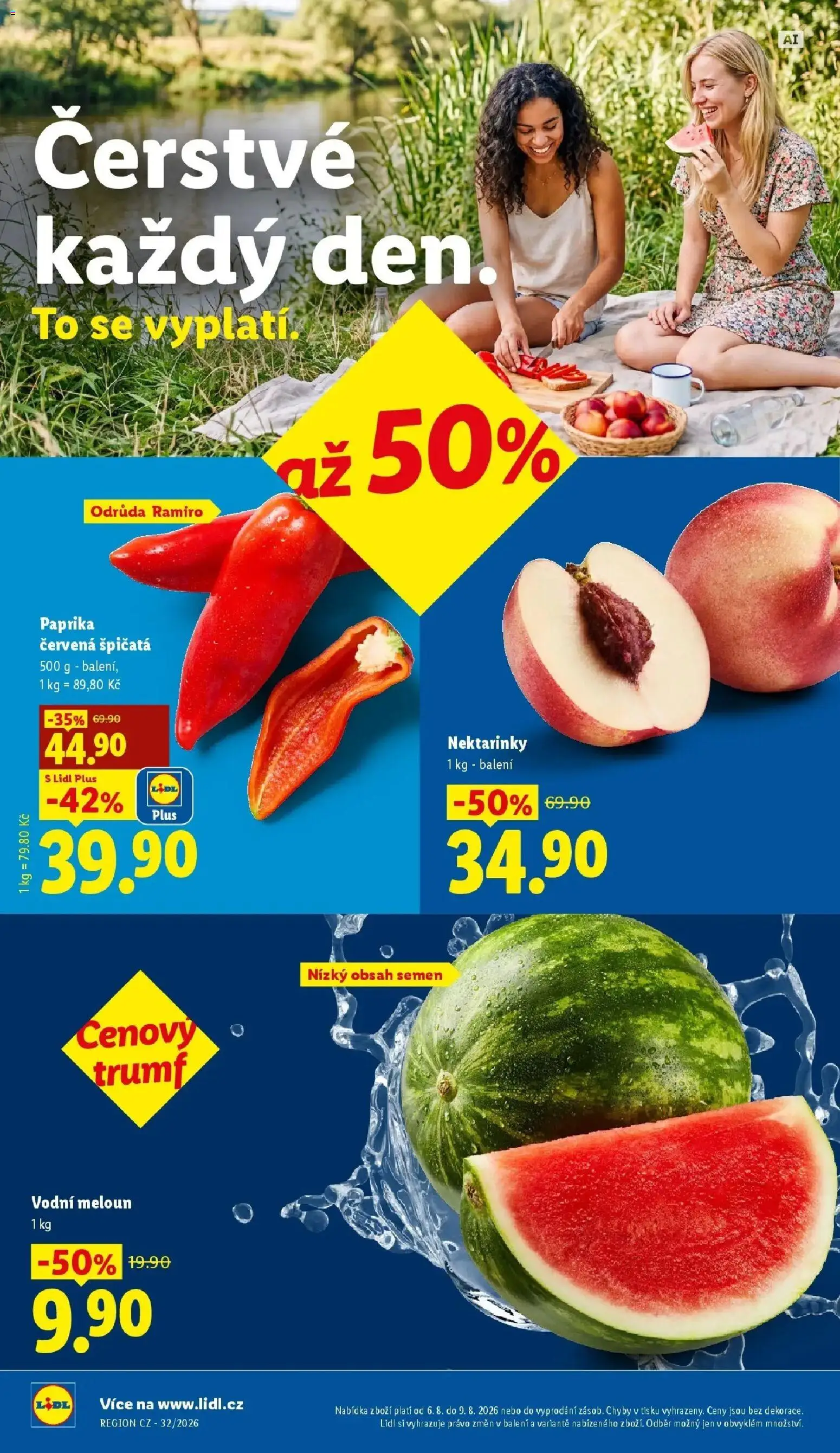 Lidl aktuální leták od 06.08.2026 | Strana: 12 | Produkty: Nektarinky, Paprika, Paprika červená, Vodní meloun