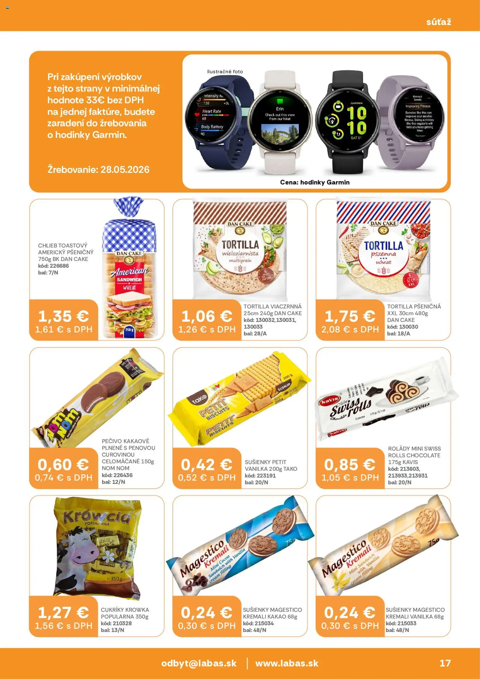 Nové Labaš akcie – leták je platný od 08.05.2026 | Strana: 17 | Produkty: Garmin, Hodinky, Chlieb