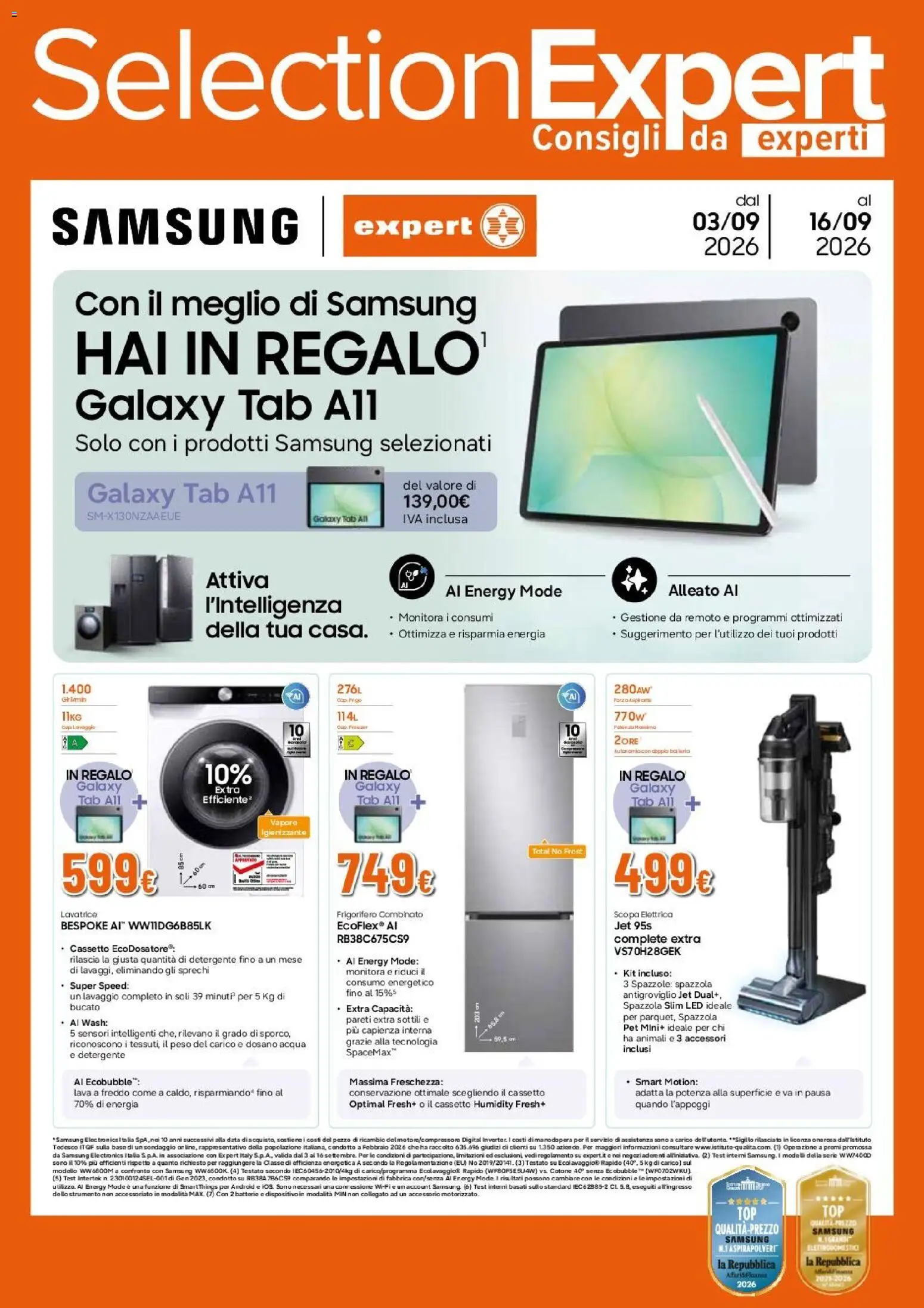 Volantino Expert del 03/09/2026 | Pagina: 1 | Prodotti: Acqua, Lavatrice, Aspirapolvere, Frigorifero combinato