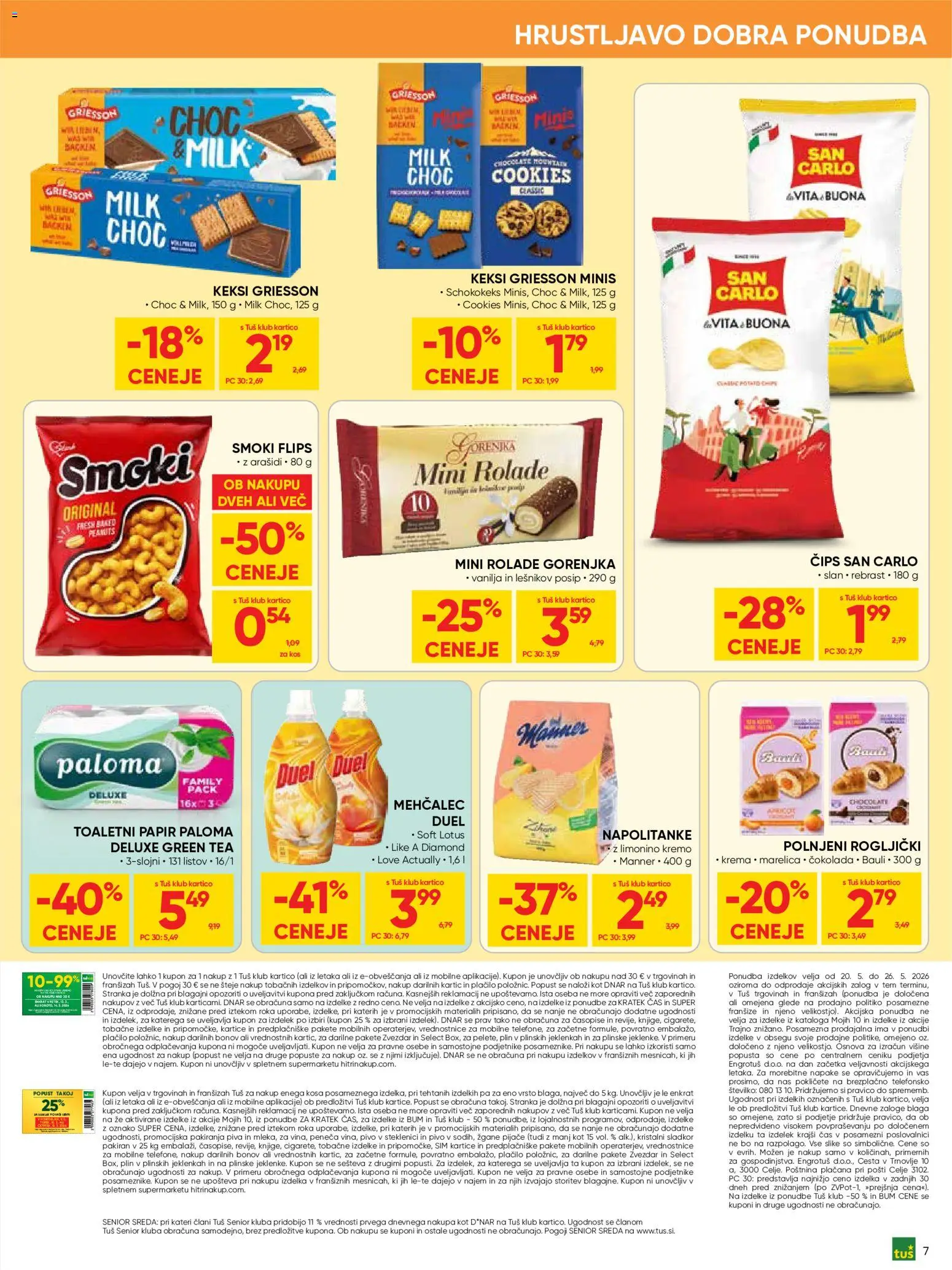 Novi Tuš katalog ponudbe – veljaven od 20.05.2026 | Stran: 7 | Izdelki: Napolitanke, Mehčalec, Rogljički, Flips