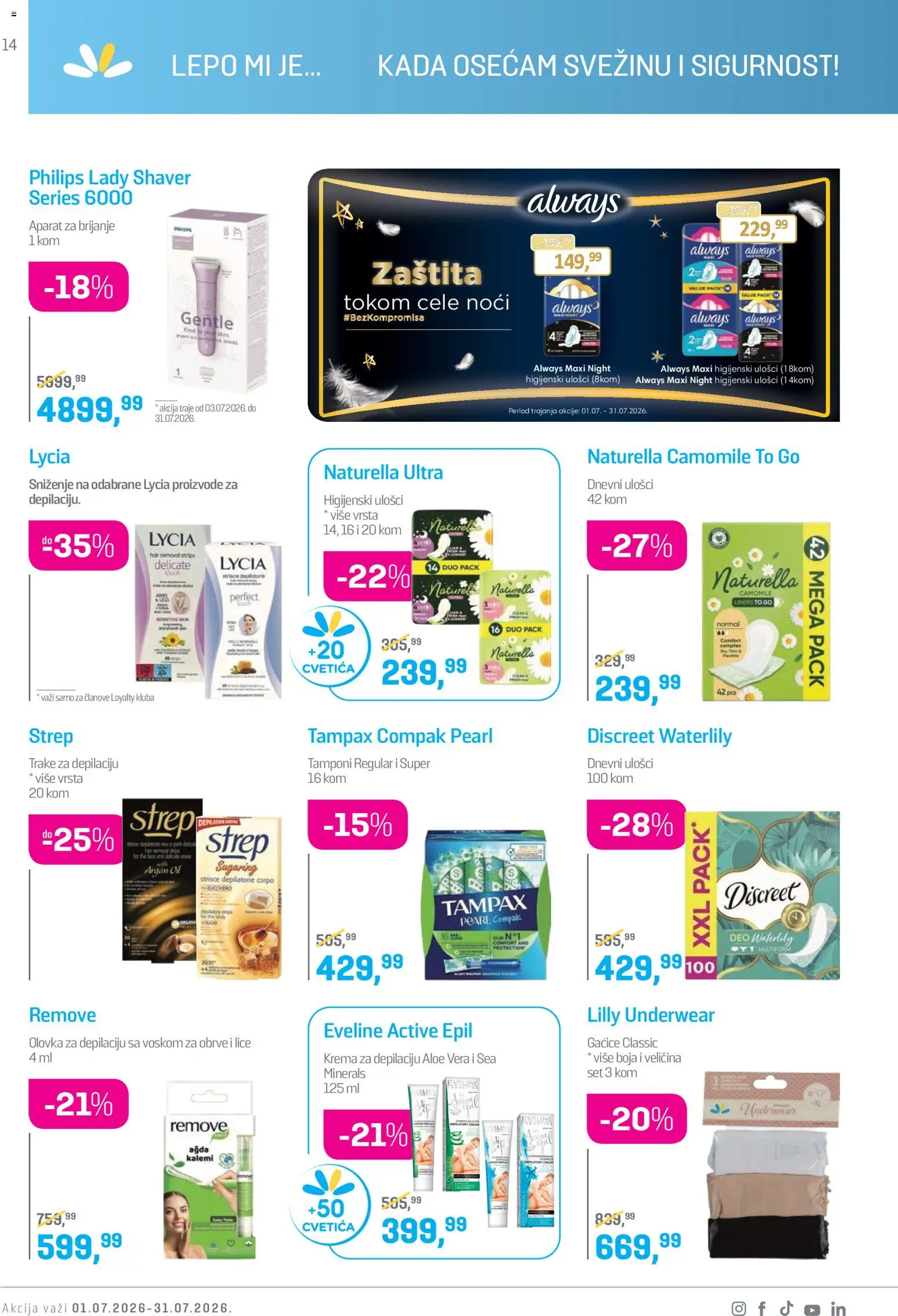 Lilly drogerie katalog - važi od 01.07.2026 | Strana: 14 | Proizvode: Aparat za brijanje, Higijenski ulošci, Krema, Gaćice