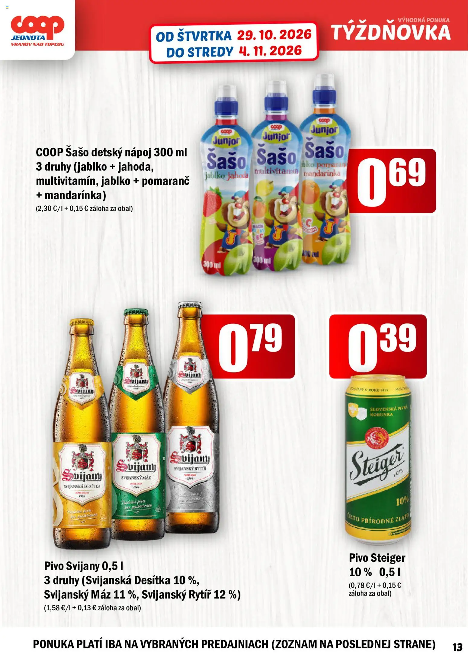 Nové COOP Jednota akcie – leták je platný od 29.10.2026 | Strana: 13 | Produkty: Multivitamín, Pivo, Steiger, Detský nápoj