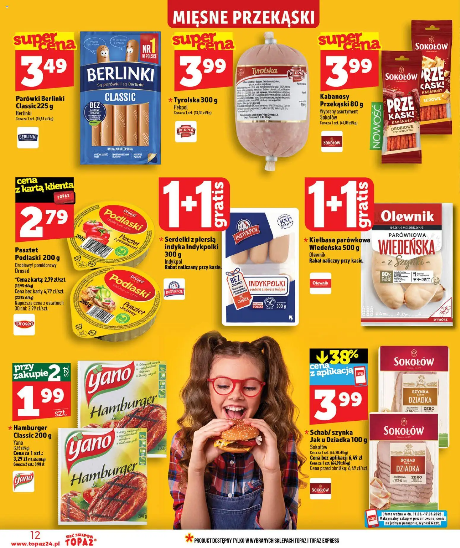 Topaz gazetka od 11.06.2026 | Strona: 12 | Produkty: Parówki berlinki, Hamburger, Kabanosy, Wieprzowina
