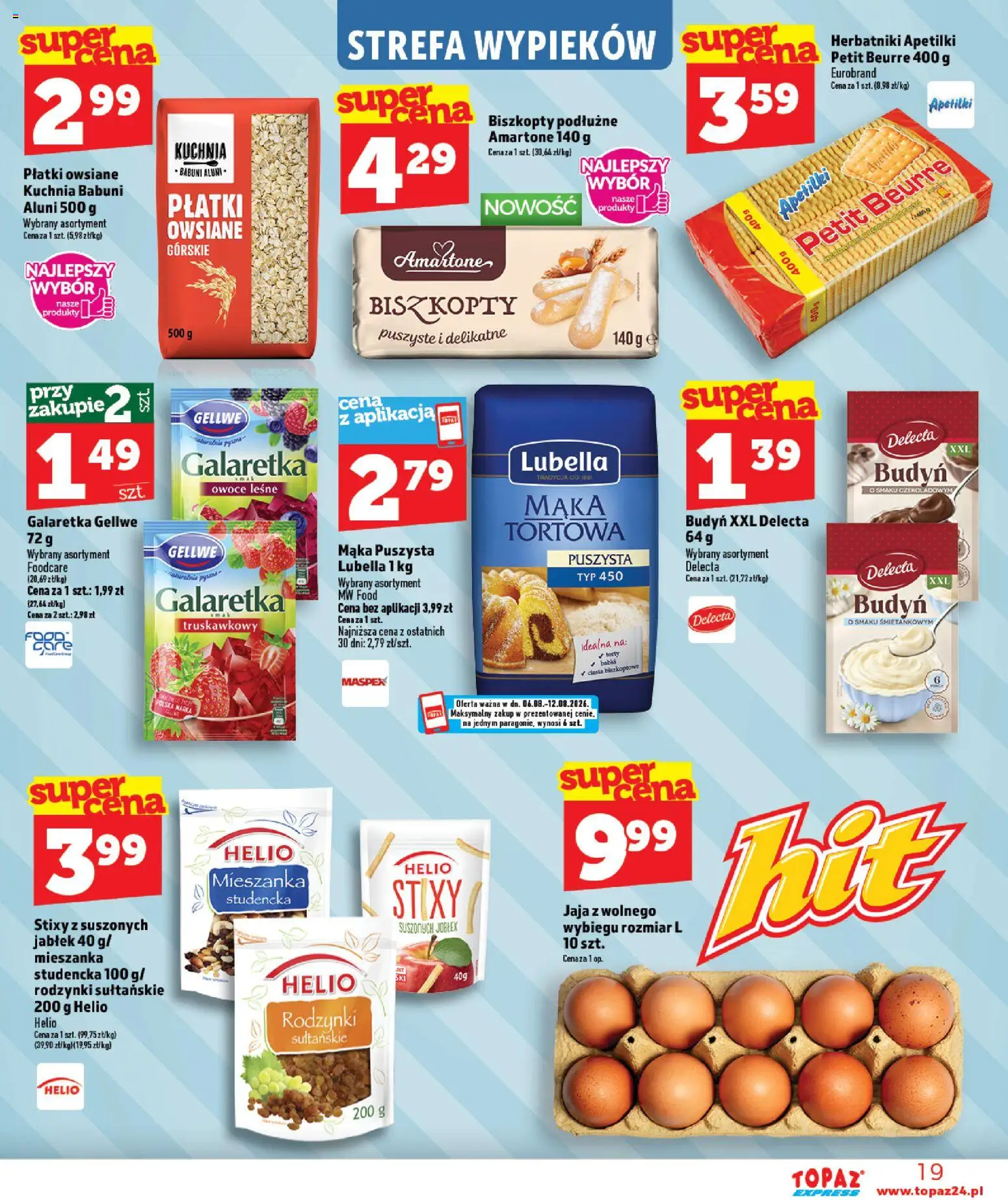 Topaz gazetka - Express od 06.08.2026 | Strona: 19 | Produkty: Galaretka, Płatki, Owoce, Jaja