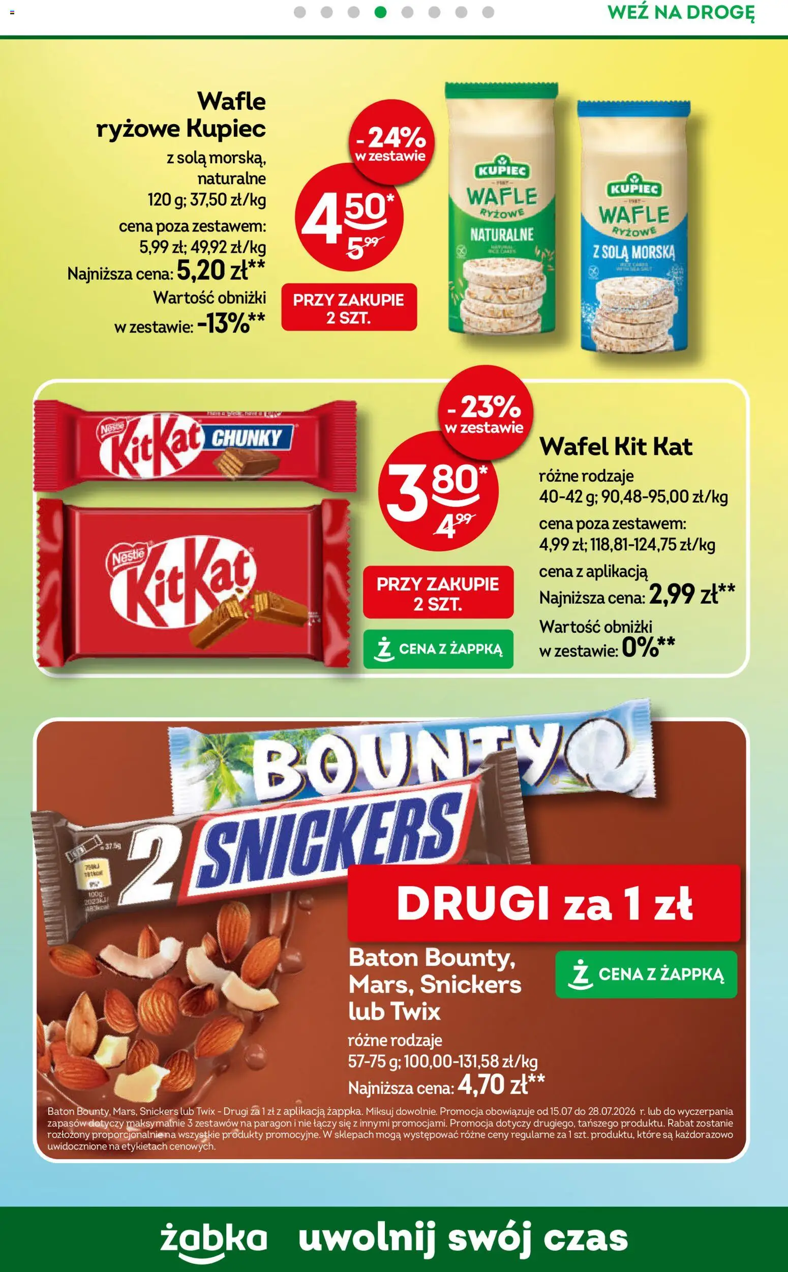 Żabka gazetka od 15.07.2026 | Strona: 65 | Produkty: Wafle ryżowe, Snickers, Baton, Ryżowe wafle