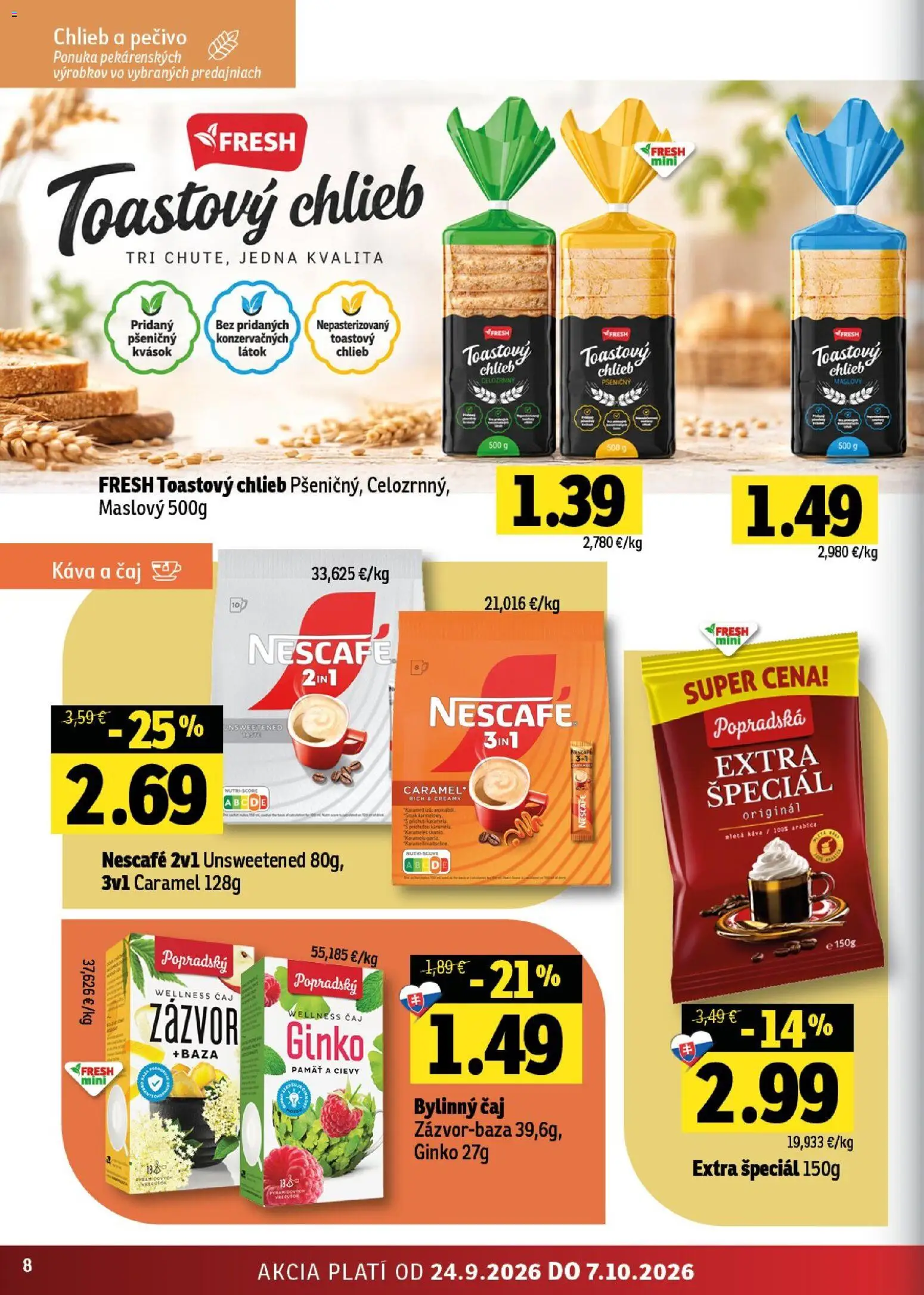 Nové Fresh akcie – leták je platný od 24.09.2026 | Strana: 8 | Produkty: Toustový chlieb, Toastový chlieb, Mletá káva, Pečivo