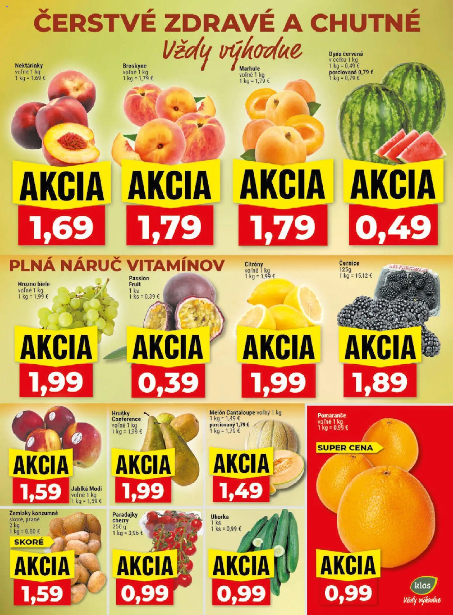 Nové Klas akcie – leták je platný od 10.08.2026 | Strana: 3 | Produkty: Nektárinky, Citróny, Melón, Hrušky