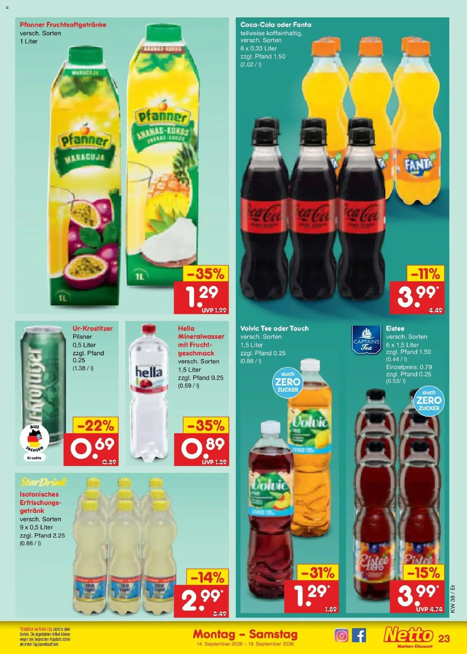 Netto Marken-Discount Prospekt Naumburg – gültig ab 14.09.2026 | Seite: 33 | Produkte: Fanta, Volvic tee, Mineralwasser, Zucker