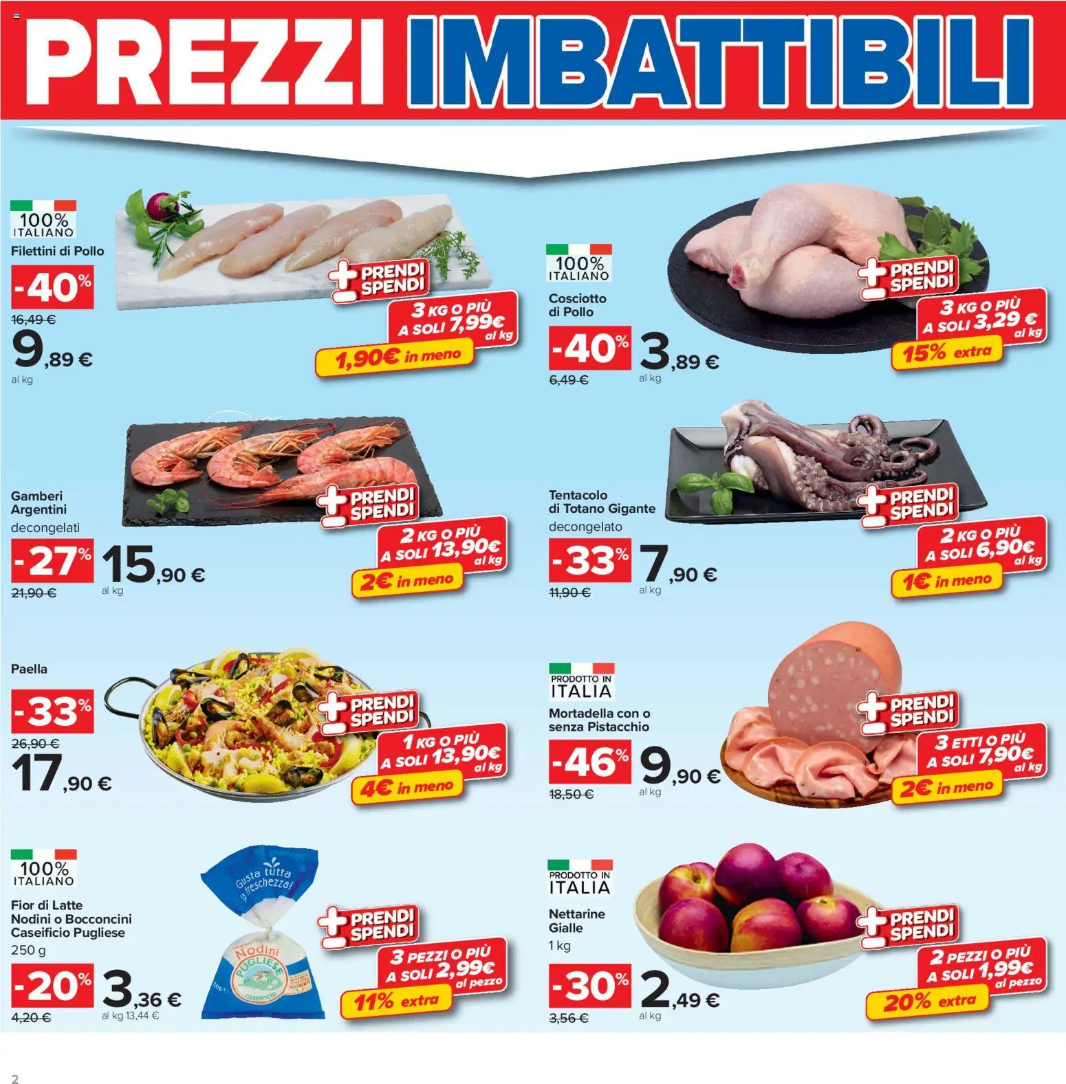 Volantino Carrefour del 16.06.2026 | Pagina: 2 | Prodotti: Pollo, Gamberi, Latte, Paella