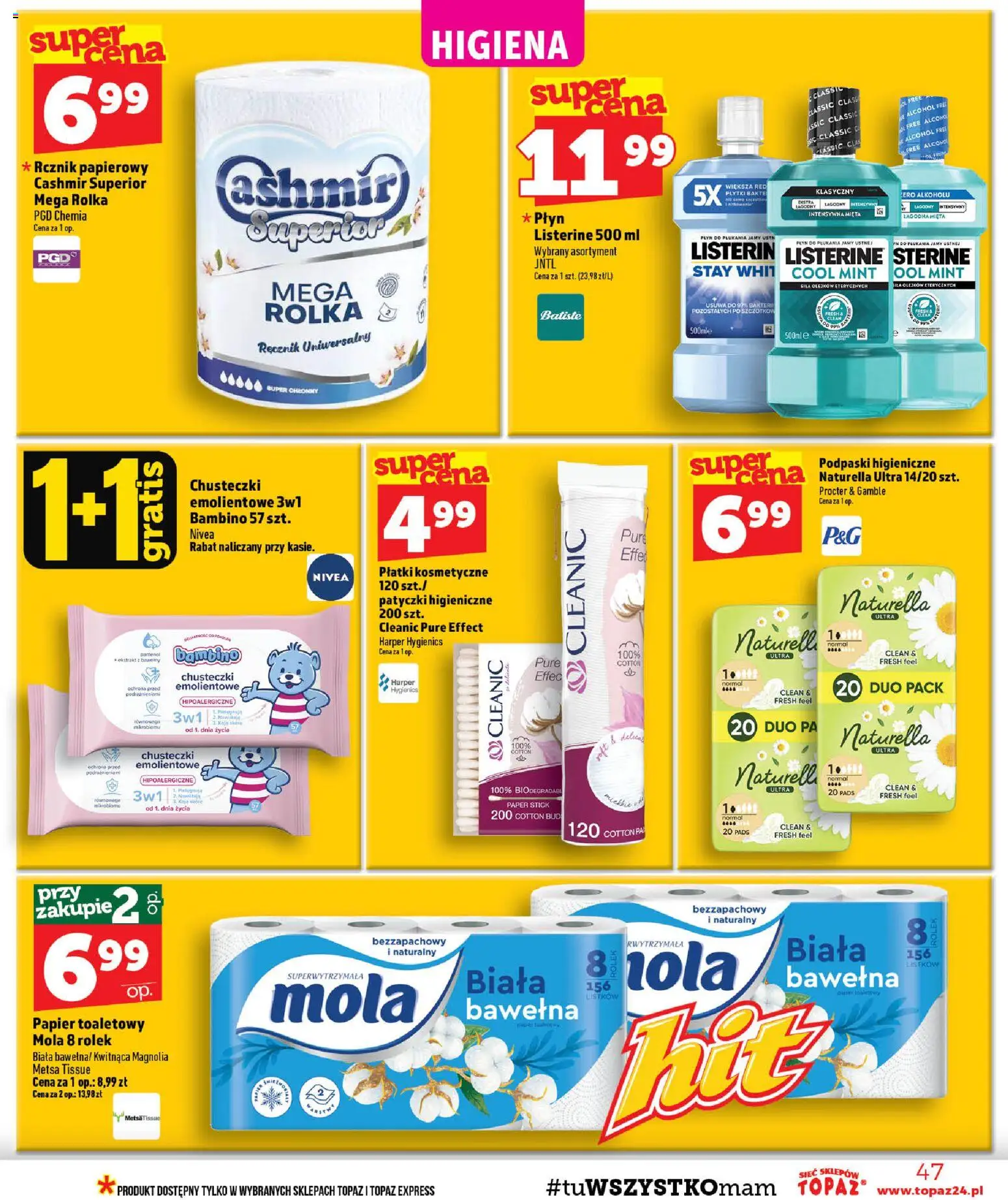 Topaz gazetka - MAZ od 15.10.2026 | Strona: 47 | Produkty: Chusteczki, Listerine, Podpaski, Płyn do płukania jamy ustnej