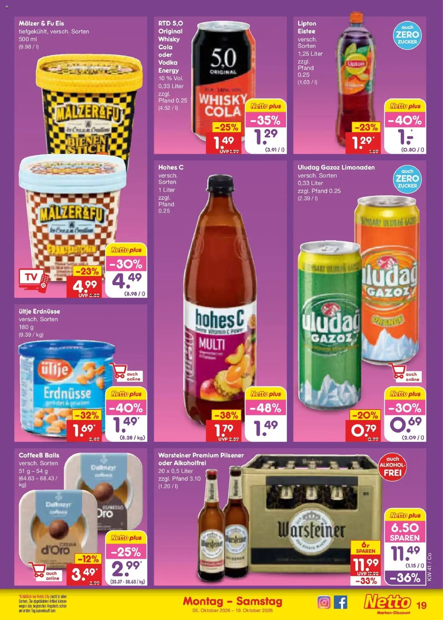 Netto Marken-Discount Prospekt Leipzig – gültig ab 05.10.2026 | Seite: 19 | Produkte: Ultje erdnusse, Cola, Hohes c, Vodka
