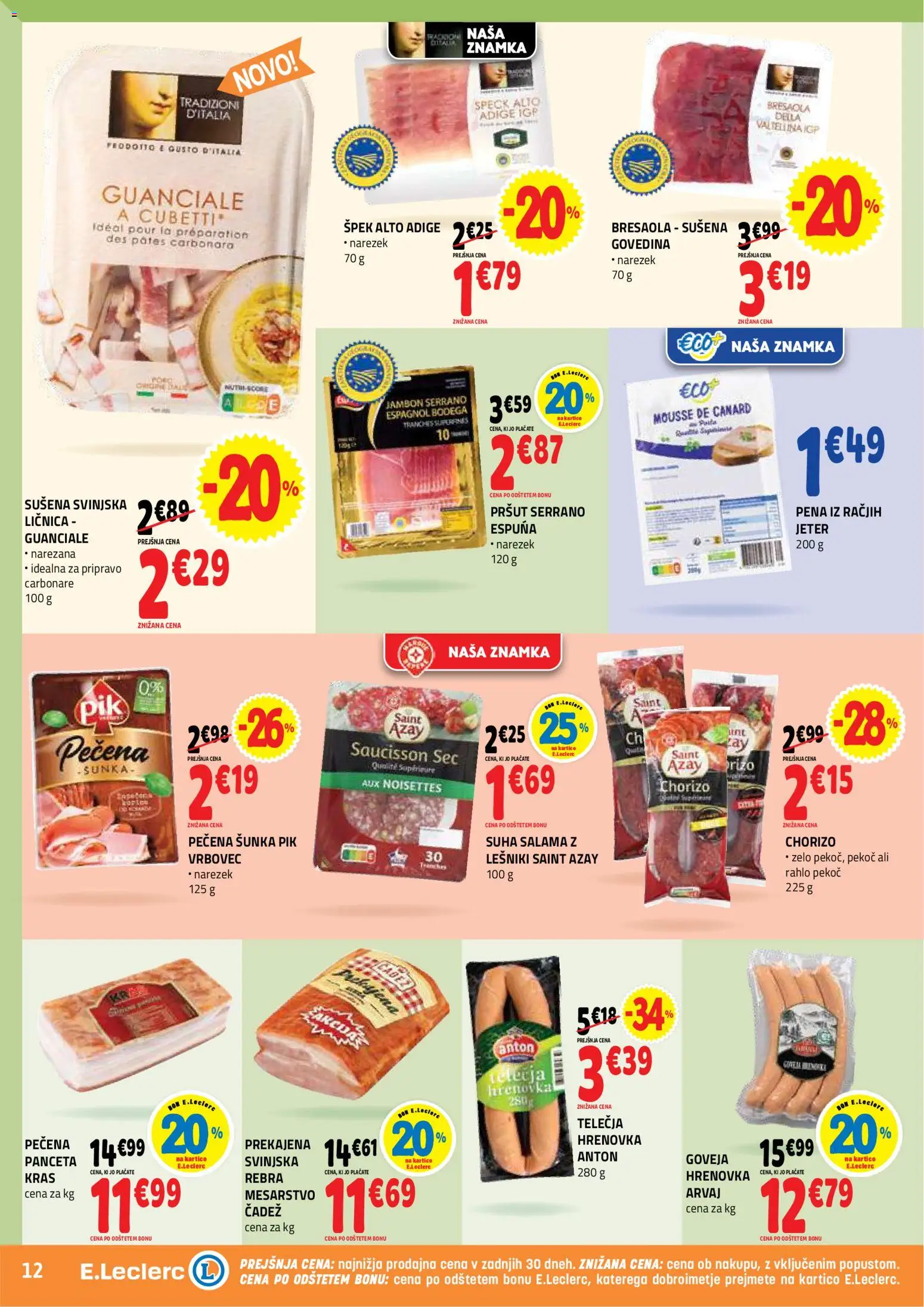 Novi E.leclerc katalog ponudbe – veljaven od 20.05.2026 | Stran: 12 | Izdelki: Pršut, Panceta, Salama, Sunka