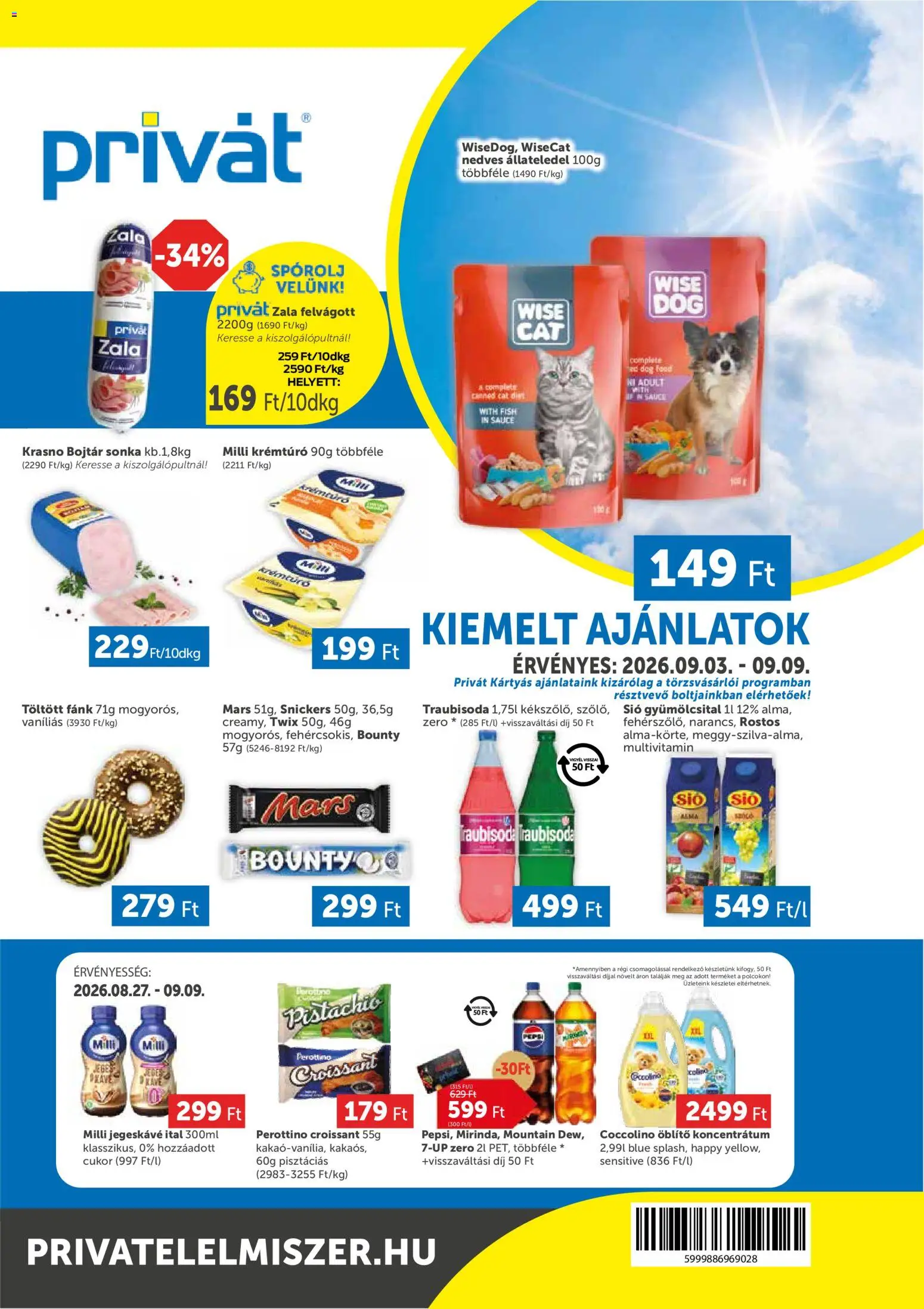 PRIVÁT akciós ujság - amely érvényes a következő dátumtól: 2026.09.03. | Oldal: 1 | Termékek: Coccolino, Gyümölcsital, Twix, Alma