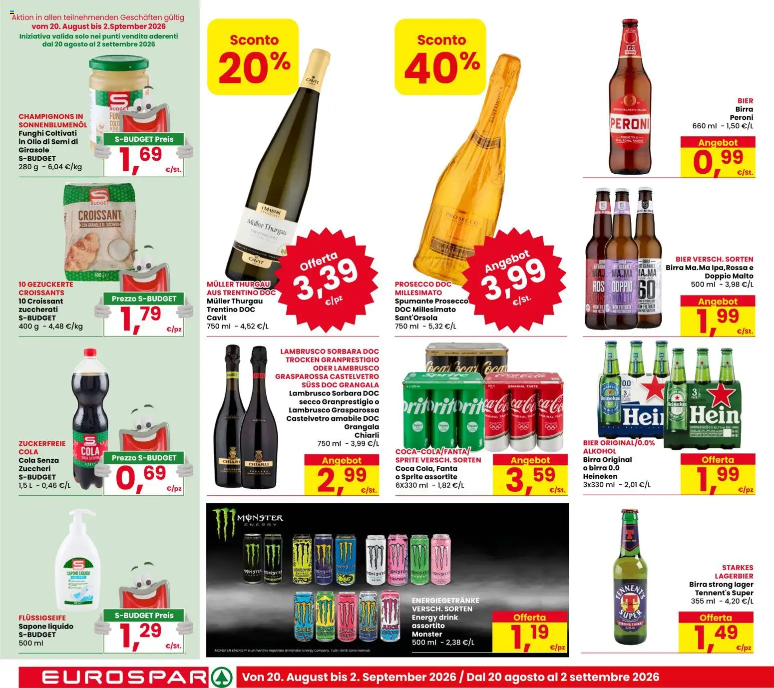 Volantino Eurospar del 17/08/2026 | Pagina: 14 | Prodotti: Tennent's Super, Fanta, Heineken, Lambrusco