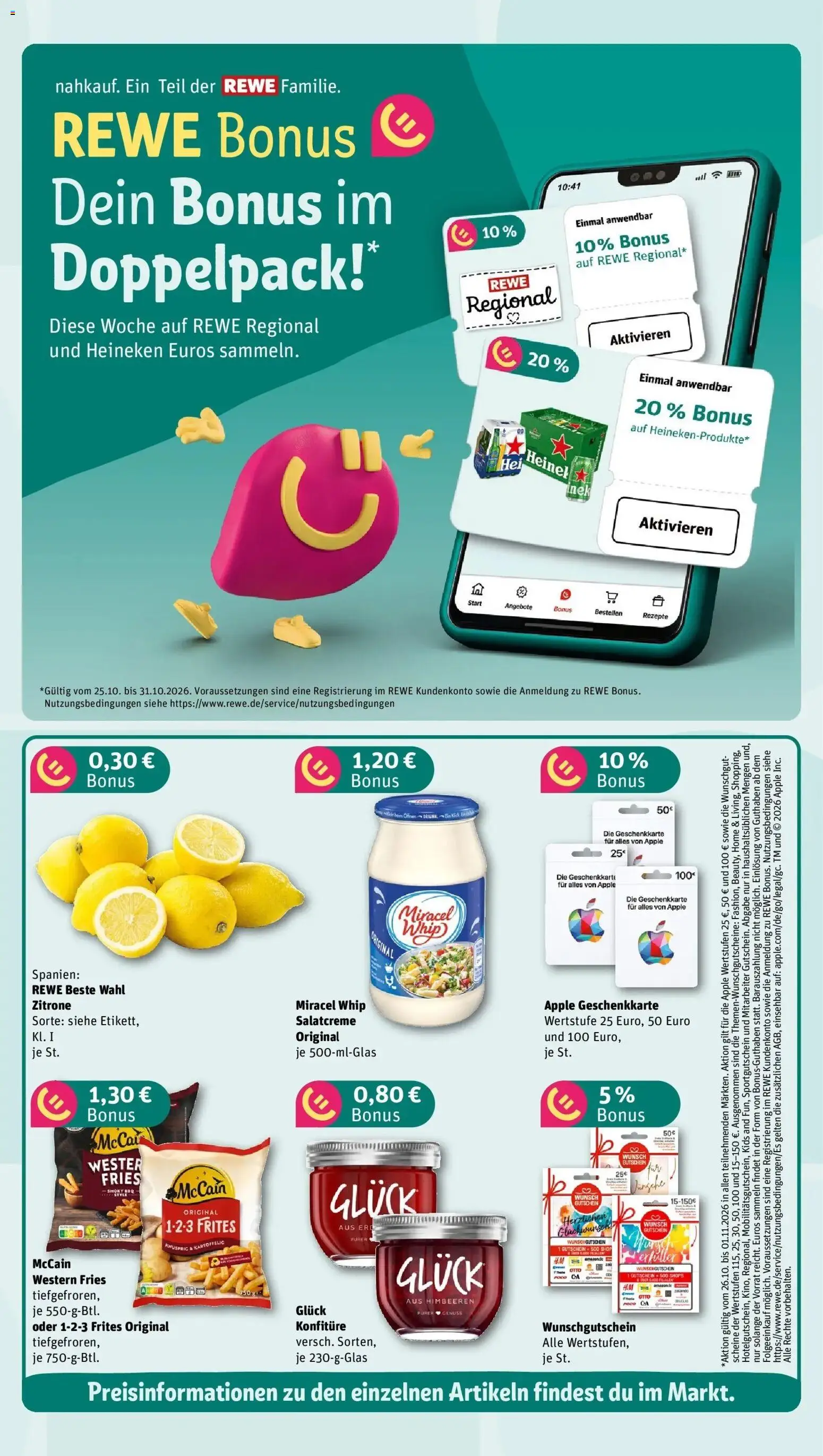 REWE Prospekt ab 26.10.2026 zum Blättern » Angebote | Seite: 4 | Produkte: Miracel whip, McCain, Apple, Heineken