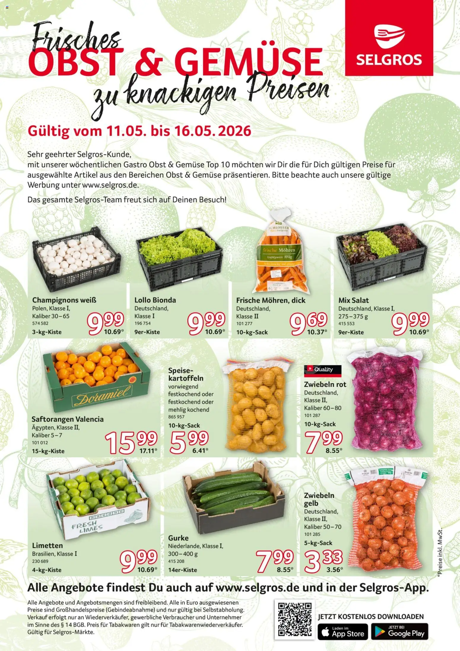 Selgros Obst & Gemüse – gültig ab 11.05.2026 | Seite: 1 | Produkte: Limetten, Mohren, Kartoffeln, Gemüse