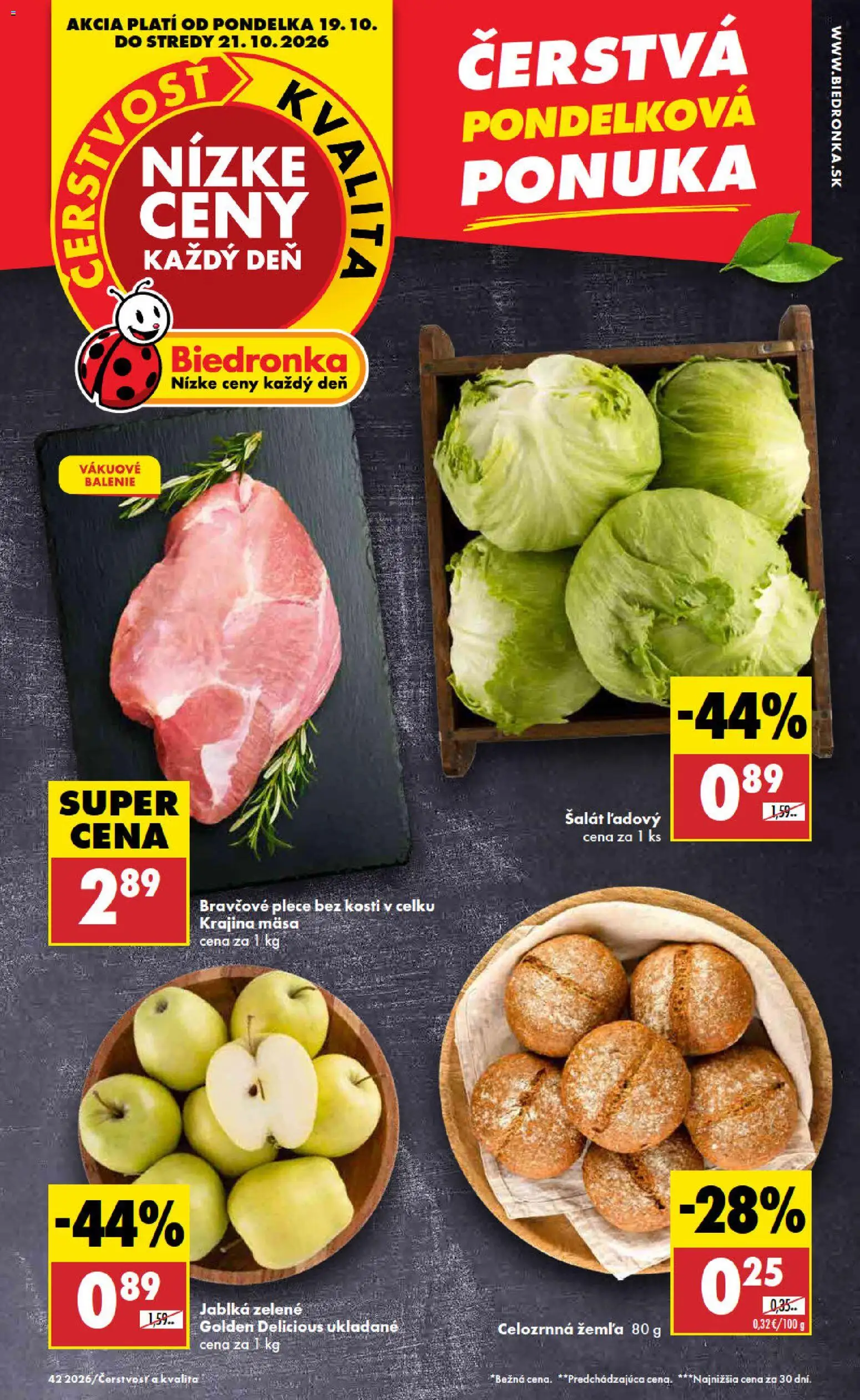 Nové Biedronka akcie – leták je platný od 19.10.2026 | Strana: 1 | Produkty: Jablká, Bravčové plece, Šalát