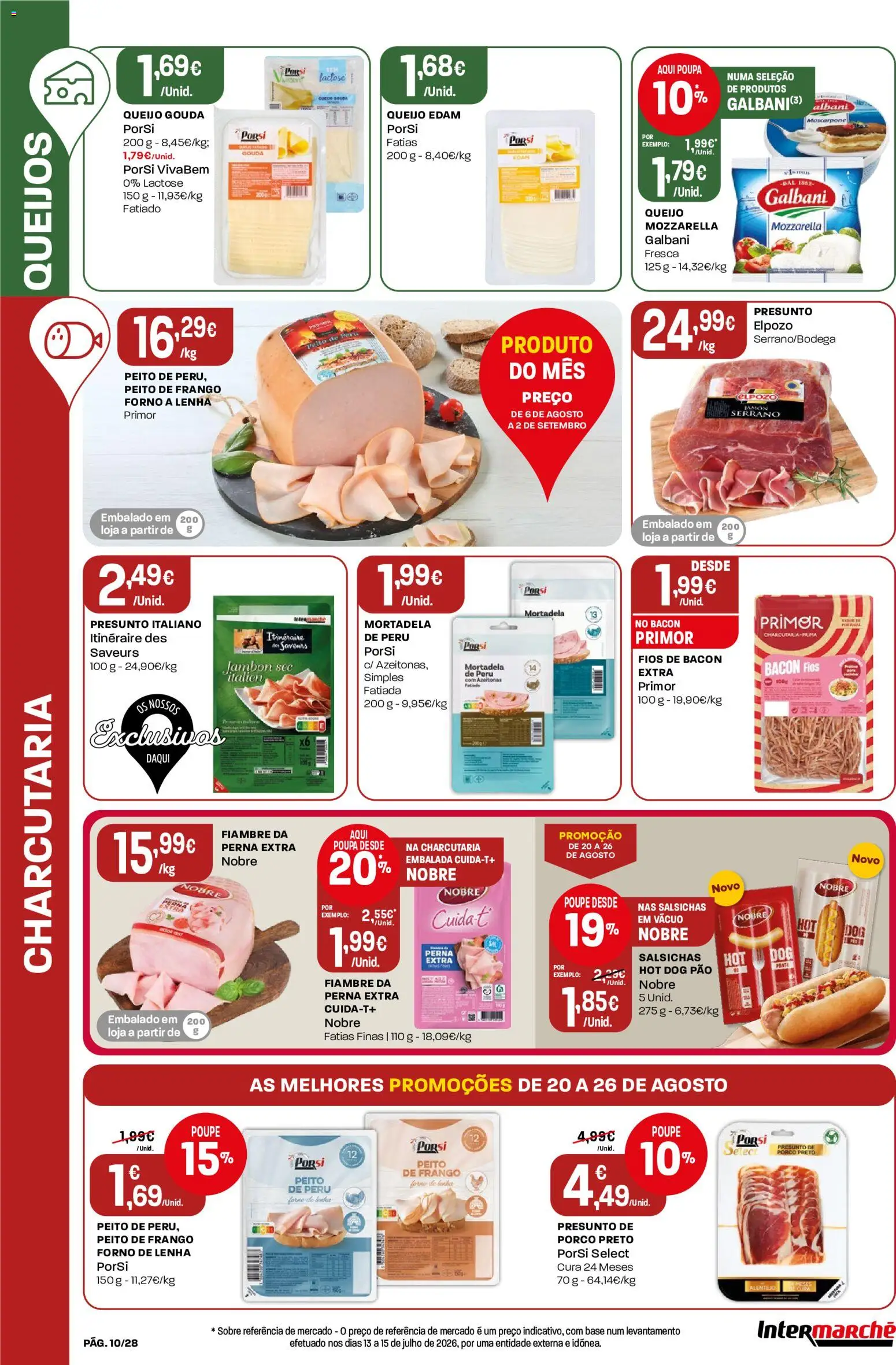 Intermarché Folheto Contact │ válido de 20/08/2026 | Página: 10 | Produtos: Queijo Mozzarella, Bacon, Pão, Salsichas