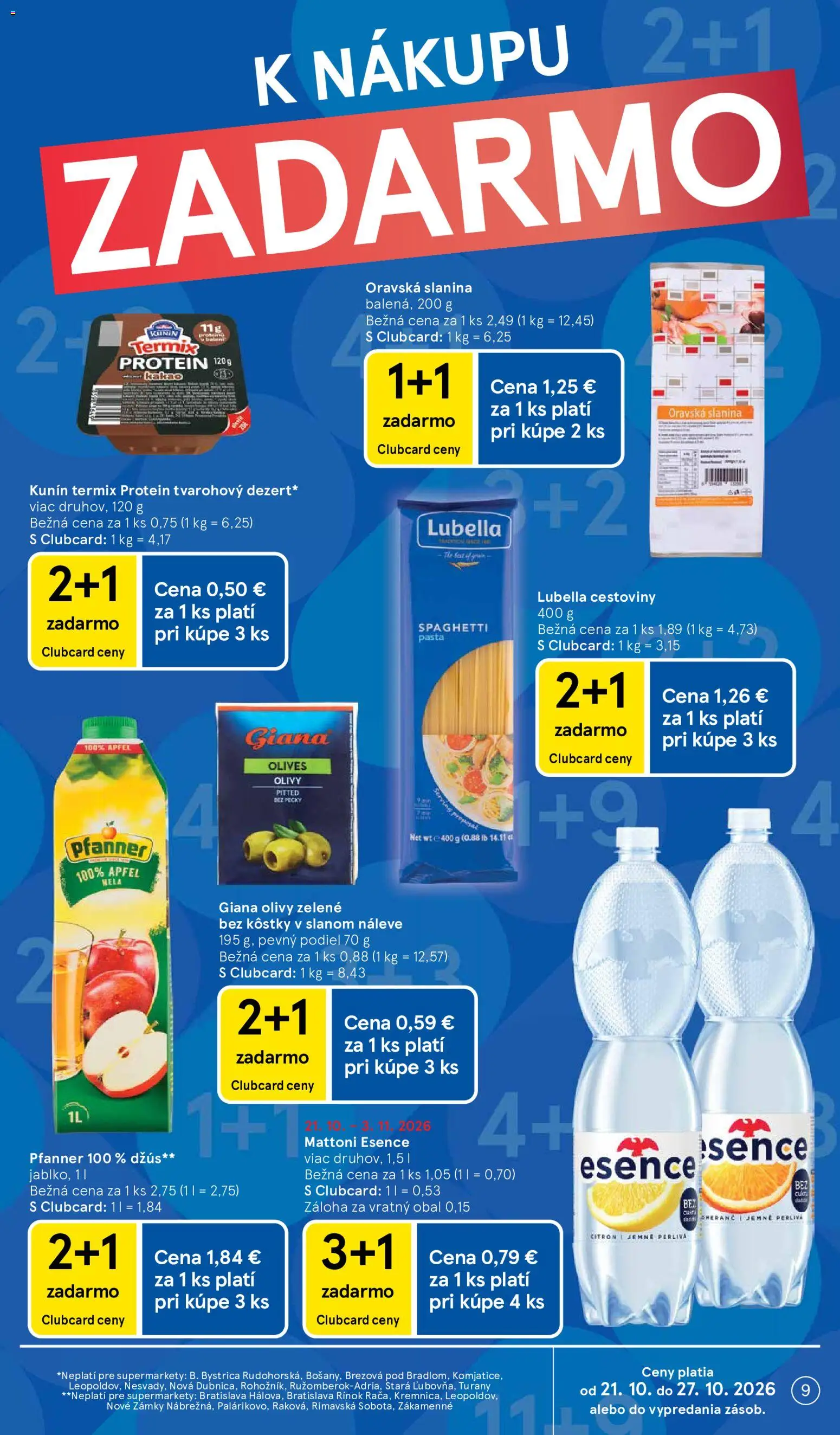 Nové Tesco akcie – leták je platný od 21.10.2026 | Strana: 9 | Produkty: Džús, Slanina, Cestoviny, Olivy