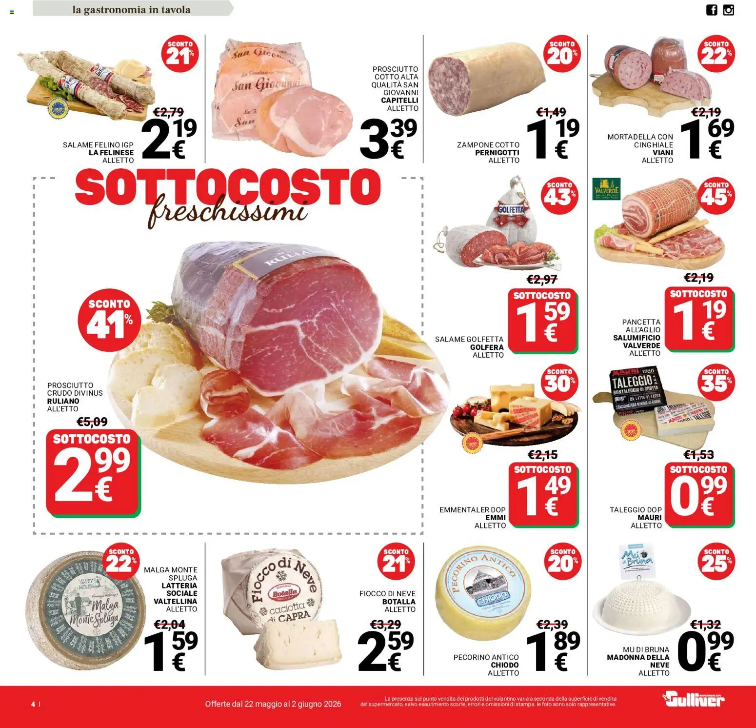 Volantino Gulliver del 22.05.2026 | Pagina: 4 | Prodotti: Salame, Pancetta, Latte, Pecorino