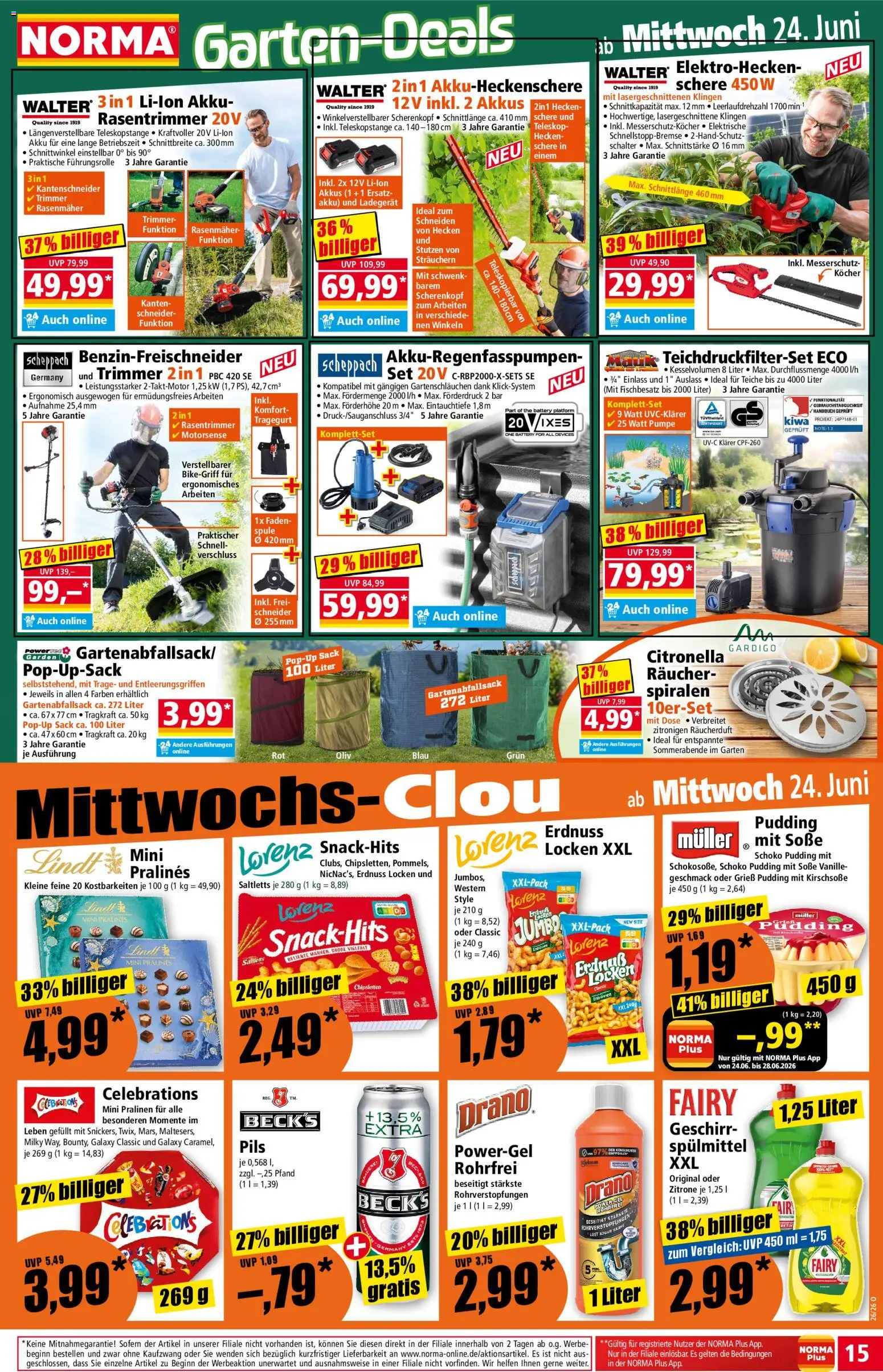 Norma Prospekt – gültig ab 22.06.2026 | Seite: 15 | Produkte: Rasenmäher, Pils, Pudding, Zitrone
