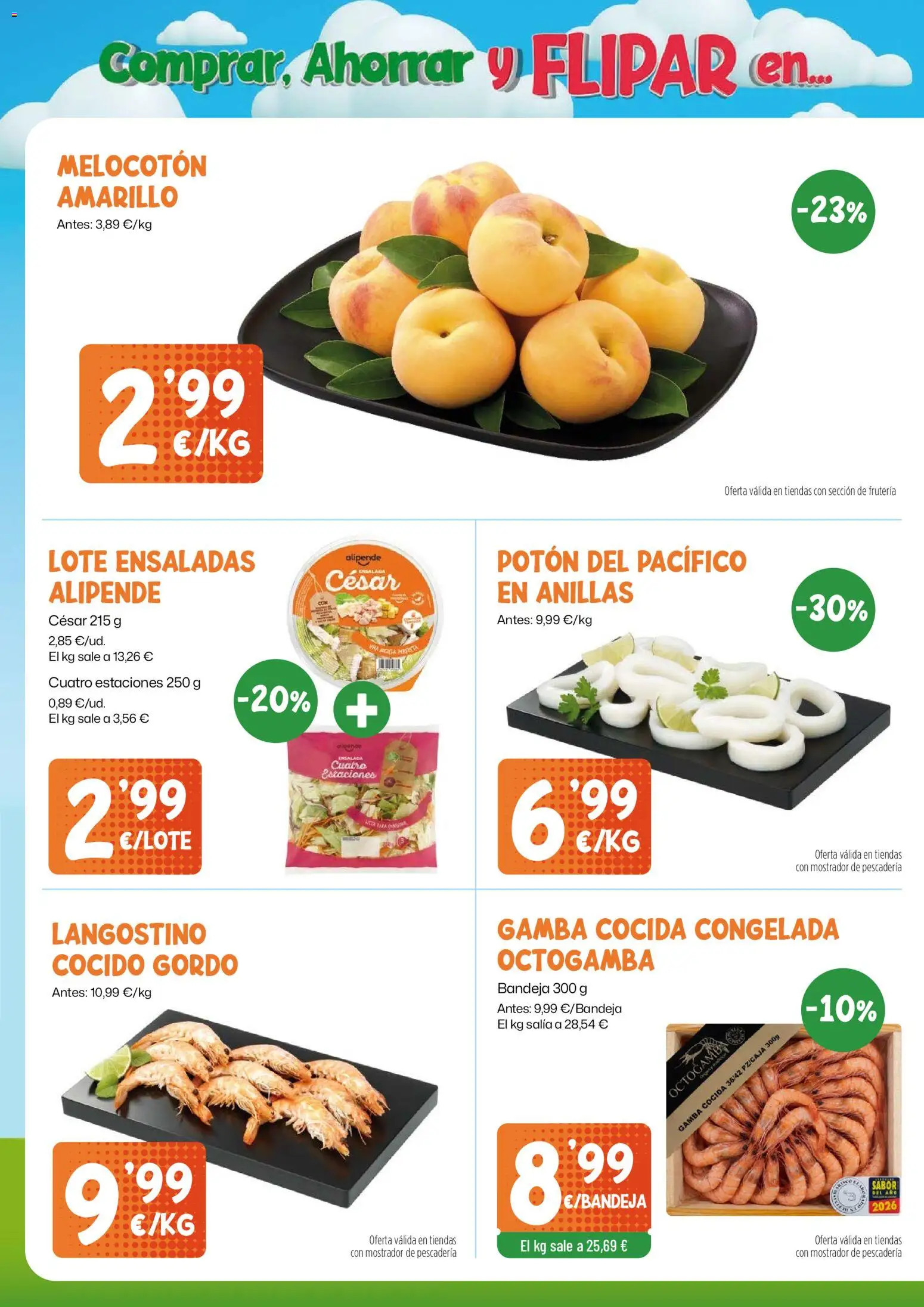 AhorraMas folleto │ válido desde el 23/07/2026 | Página: 4 | Productos: Ensalada, Bandeja, Melocotón amarillo, Langostino