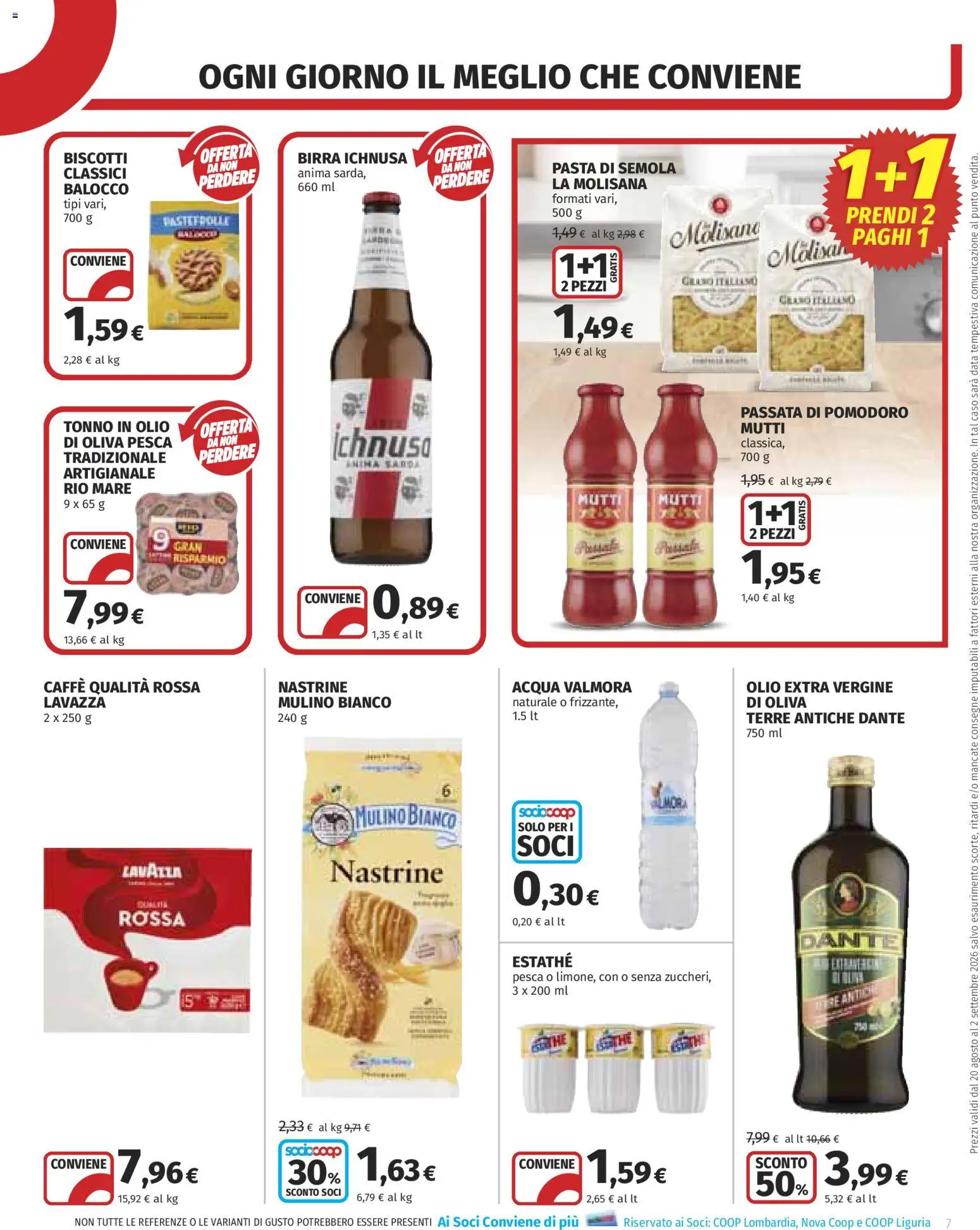 Volantino COOP del 20/08/2026 | Pagina: 7 | Prodotti: La Molisana, Biscotti, Acqua, Semola