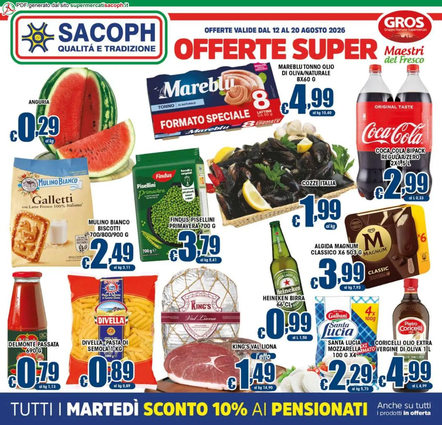 Volantino Sacoph del 12/08/2026 | Pagina: 1 | Prodotti: Magnum, Anguria, Tonno al naturale, Heineken