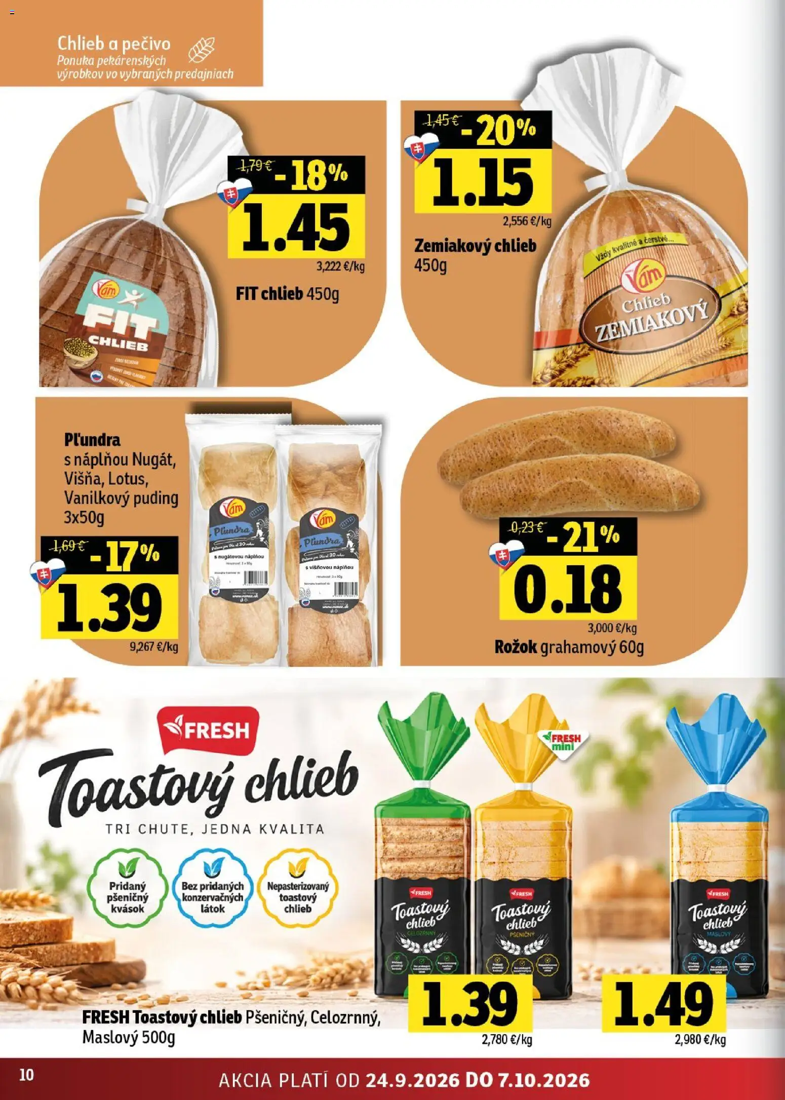 Nové Fresh akcie – leták je platný od 24.09.2026 | Strana: 10 | Produkty: Chlieb, Rožok, Puding, Toastový chlieb