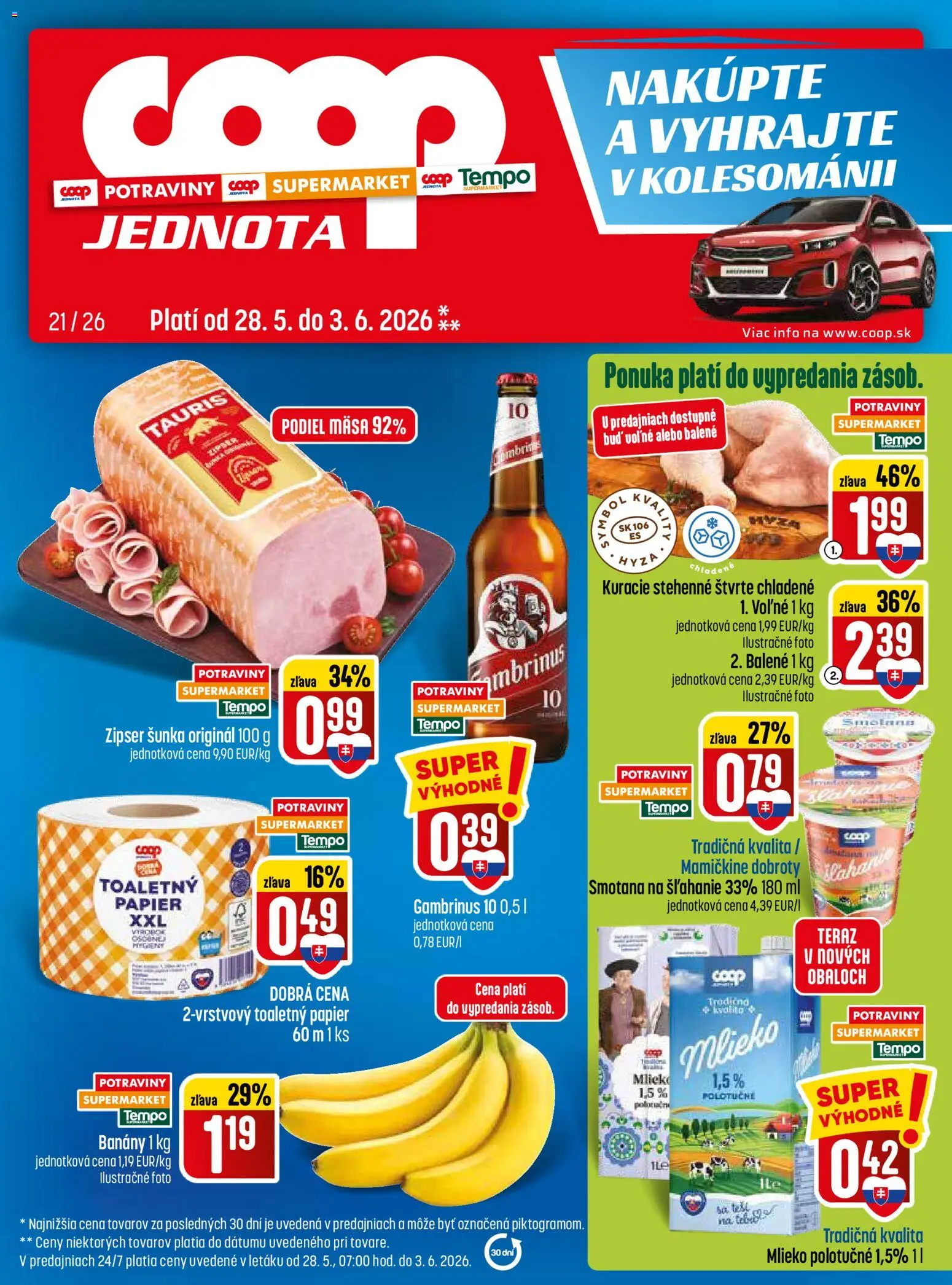 Nové COOP Jednota akcie – leták je platný od 28.05.2026 | Strana: 1 | Produkty: Mlieko, Šunka, Banány, Toaletný papier