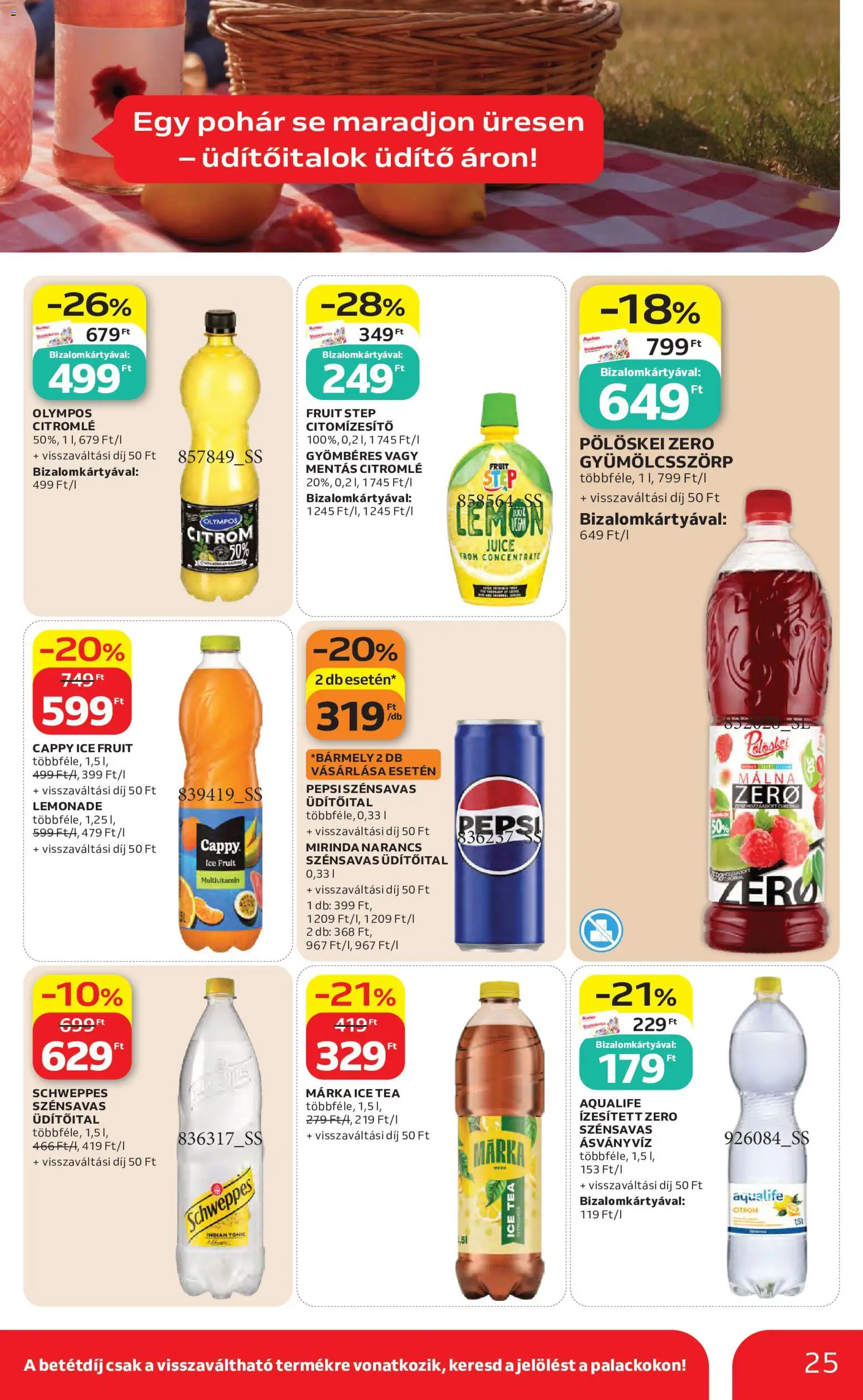 Auchan akciós ujság - amely érvényes a következő dátumtól: 2026.07.23. | Oldal: 25 | Termékek: Pepsi, Tea, Pohár, Citrom