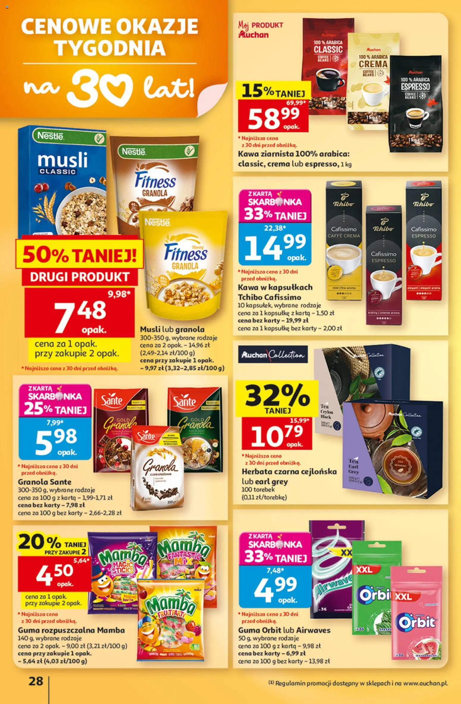 Auchan gazetka od 13.08.2026 | Strona: 28 | Produkty: Herbata czarna, Granola Sante, Kawa ziarnista, Tchibo