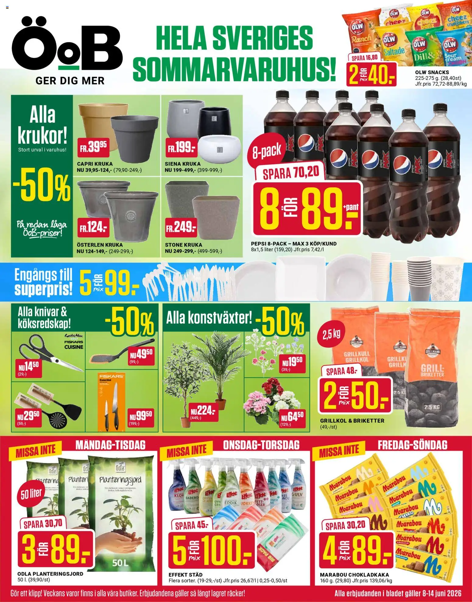 ÖoB reklamblad aktuell från 08.06.2026 | Sida: 1 | Produkter: Grillkol, Galler, Pepsi, Kruka