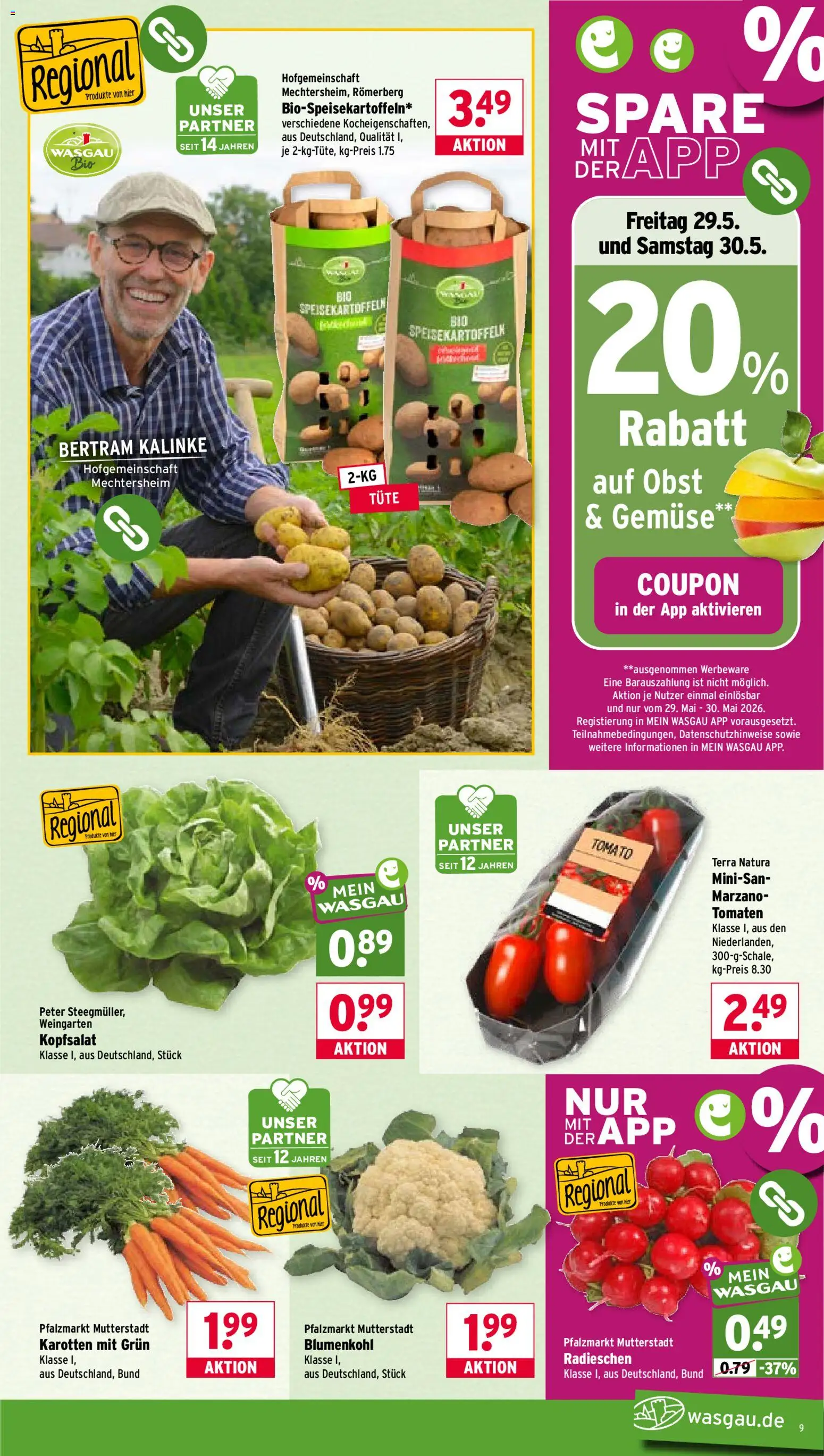 Wasgau Prospekt – gültig ab 26.05.2026 | Seite: 9 | Produkte: Tomaten, Gemüse, Obst, Blumenkohl