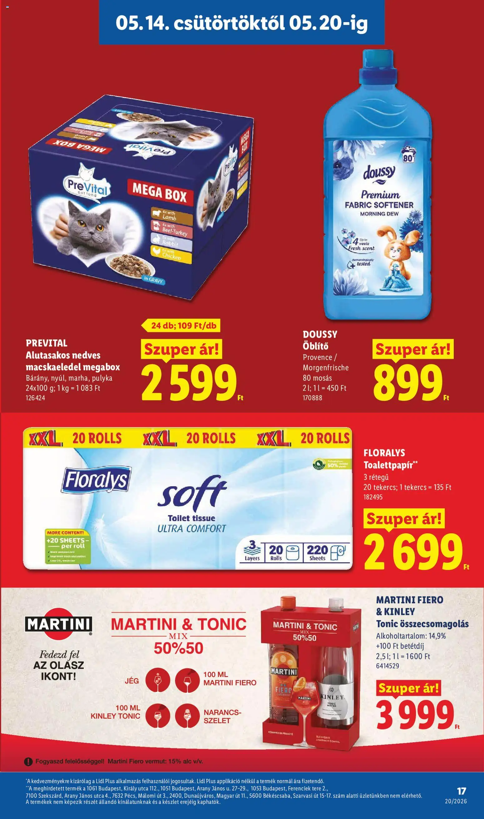 Lidl akciós ujság - amely érvényes a következő dátumtól: 14.05.2026 | Oldal: 17 | Termékek: Martini fiero, Macskaeledel, Öblítő, Narancs