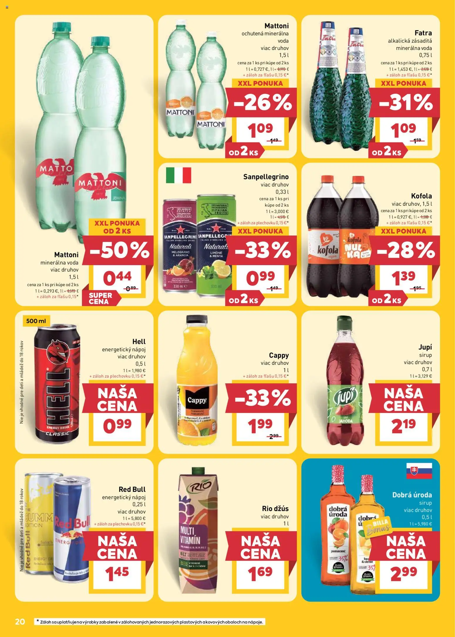 Nové Billa akcie – leták je platný od 17.06.2026 | Strana: 20 | Produkty: Džús, Kofola, Minerálna voda, Energetický nápoj