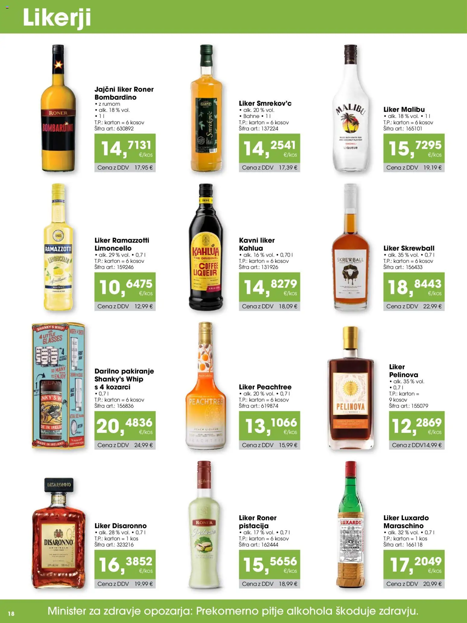 Novi Tuš katalog ponudbe – veljaven od 15.10.2026 | Stran: 18 | Izdelki: Kos, Jajčni liker, Malibu