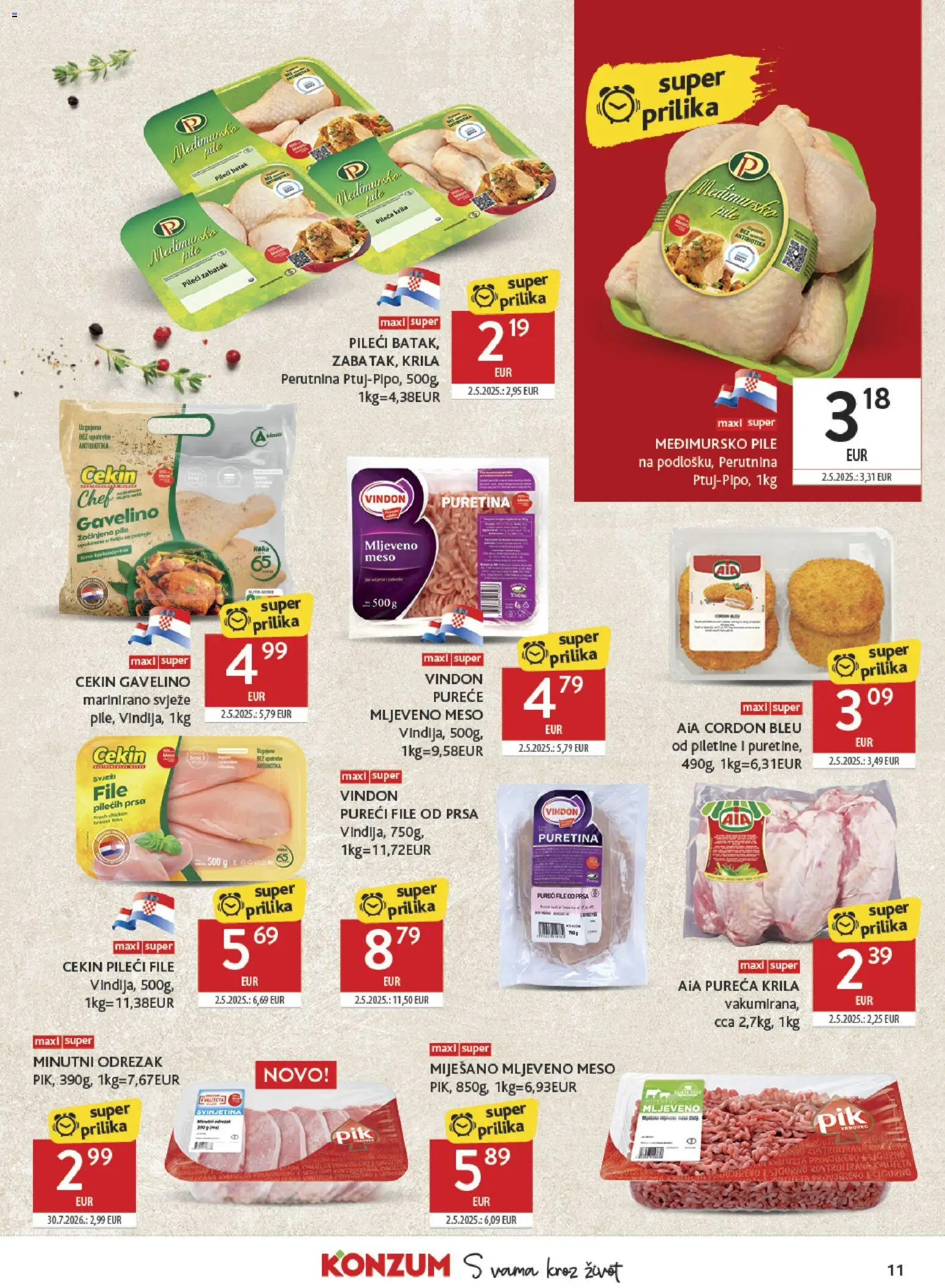 Konzum katalog | vrijedi od 19.08.2026 | Stranica: 11 | Proizvodi: Pileća krila, Meso, Mljeveno meso, Pureci file