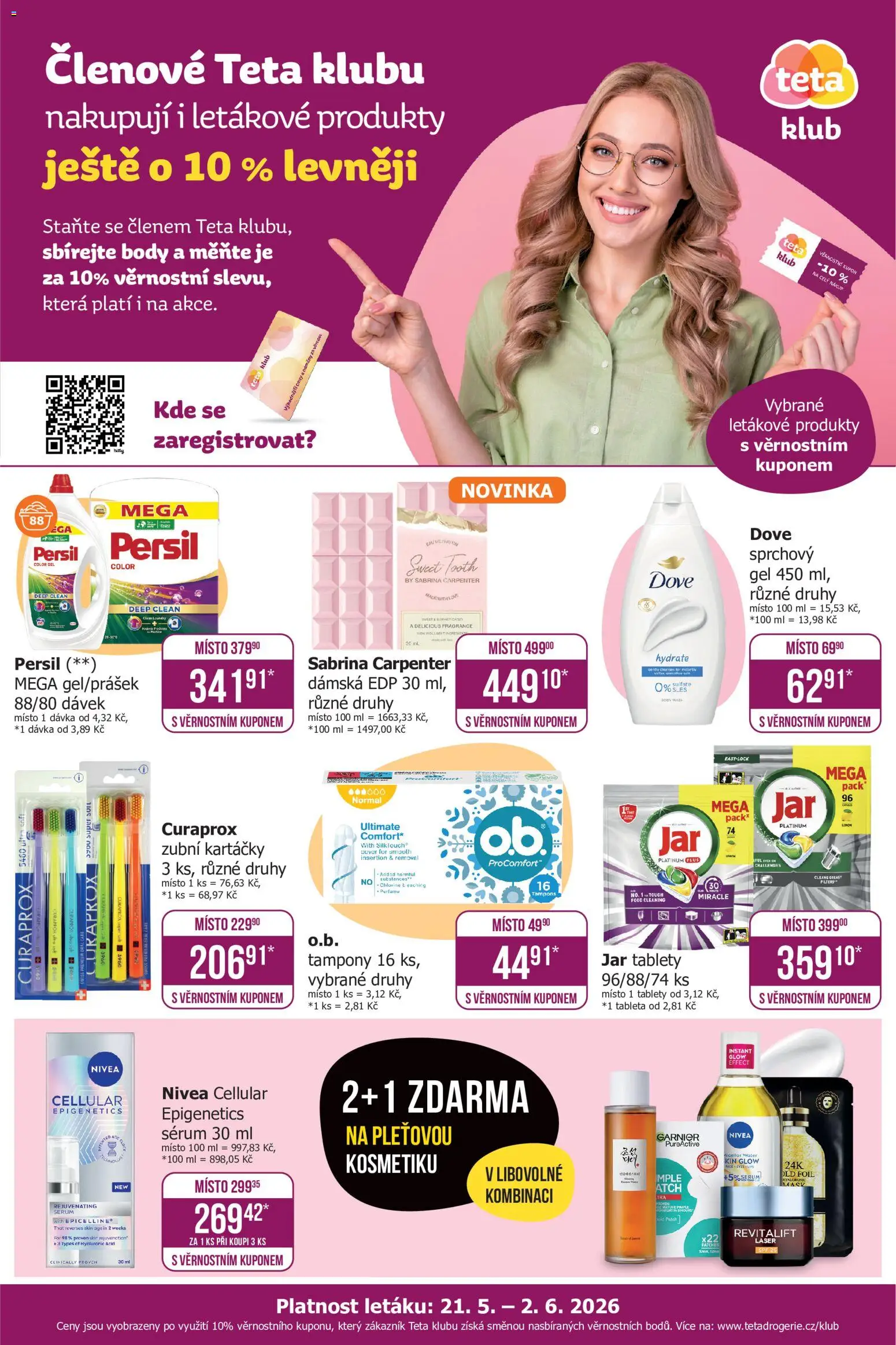 TETA Drogerie leták - Klub od 21.05.2026 | Strana: 1 | Produkty: Dove, Body, Tampony, Jar