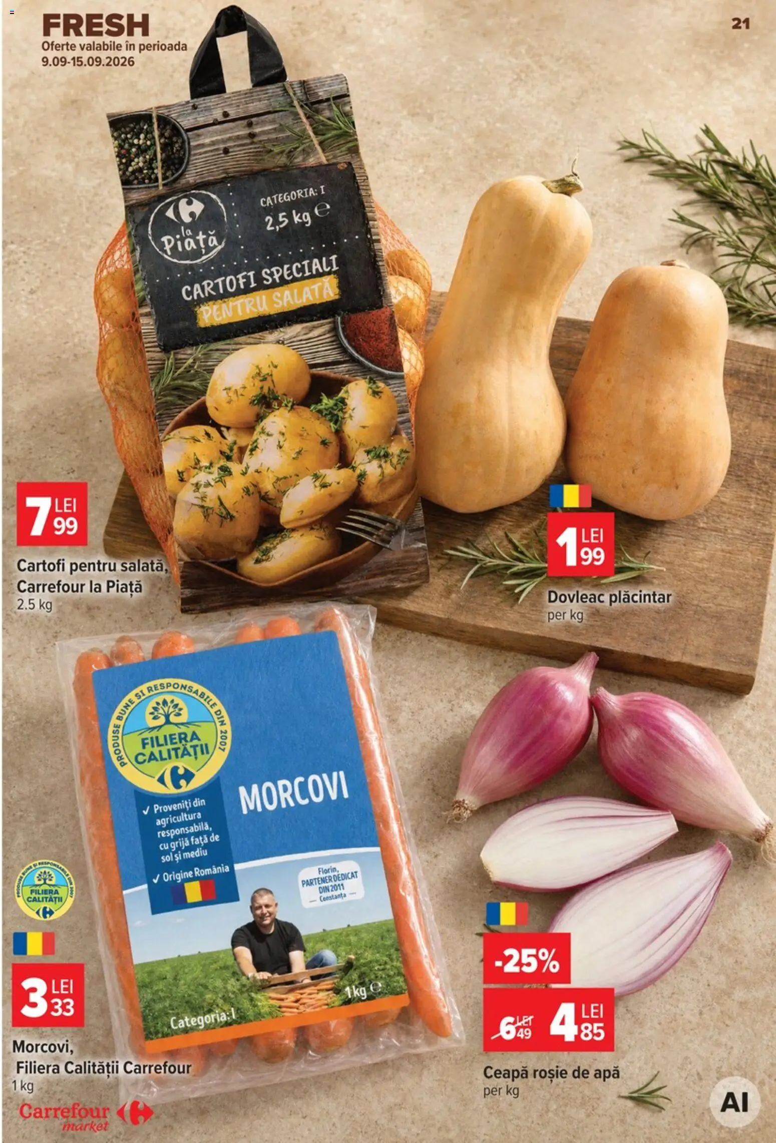 Noul catalog Carrefour – valabil de la 09.09.2026 | Pagină: 21 | Produse: Dovleac, Morcovi, Salată, Apă