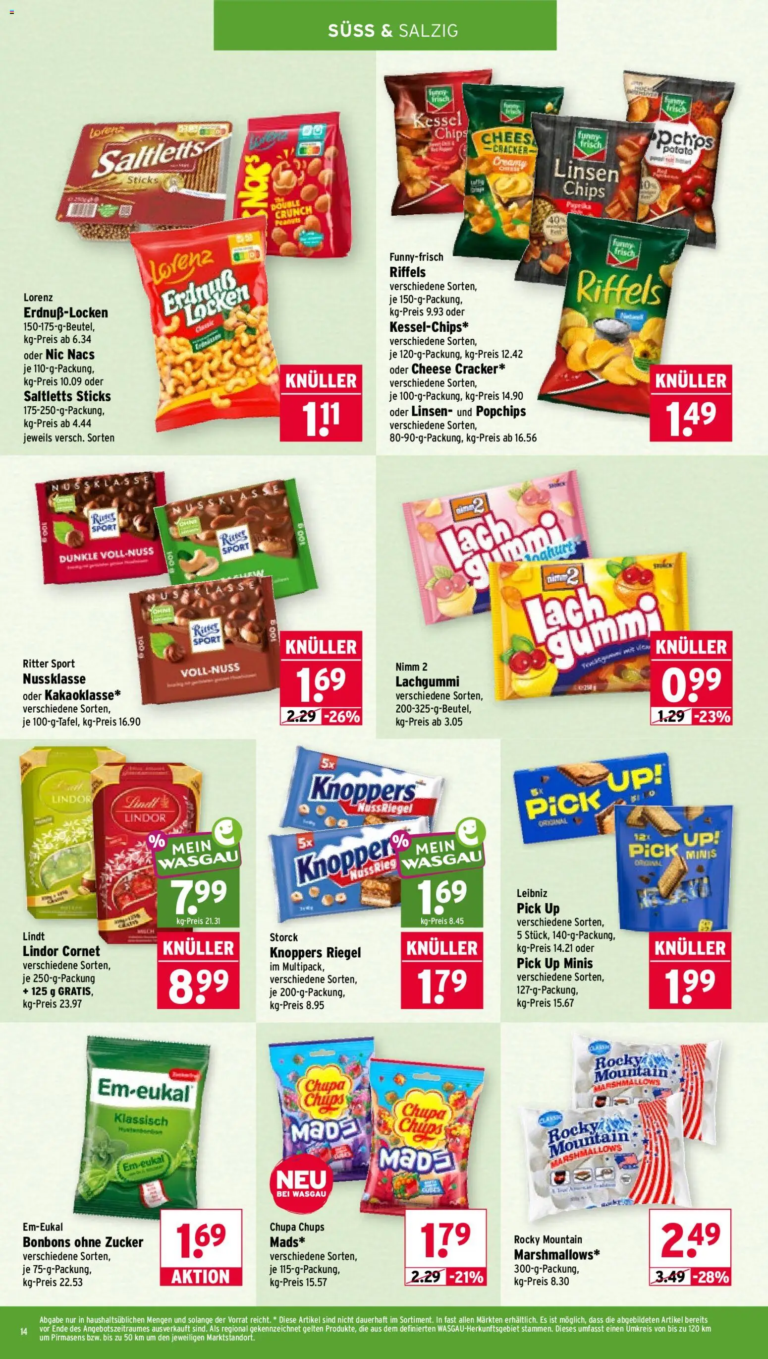 Wasgau Prospekt – gültig ab 19.10.2026 | Seite: 14 | Produkte: Lindor, Zucker, Lindt, Chips