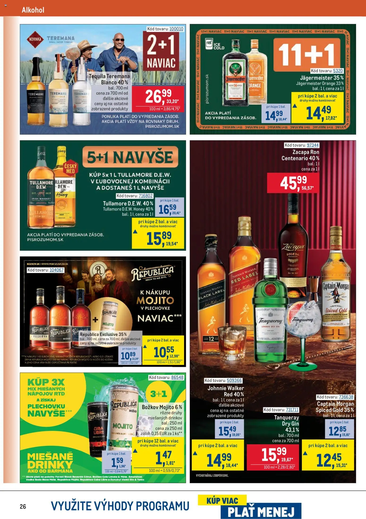 Nové Metro akcie – leták je platný od 25.03.2026 | Strana: 26 | Produkty: Jägermeister, Gin, Fernet Stock, Alkohol