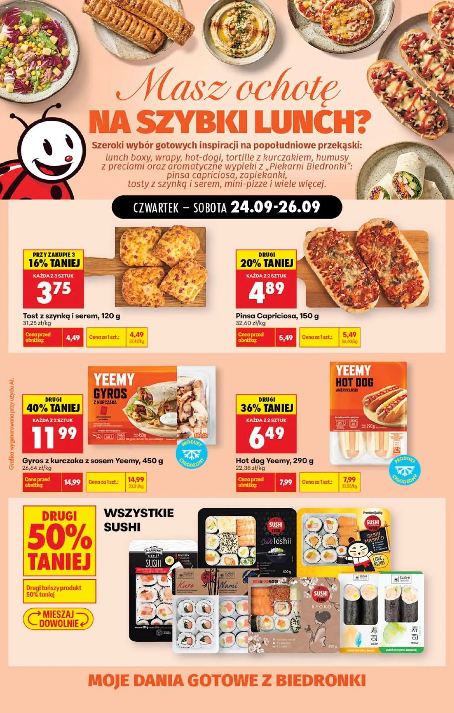 Biedronka gazetka - Szybki lunch od 24.09.2026 | Strona: 3 | Produkty: Szynka, Sushi, Hot dog, Dania gotowe